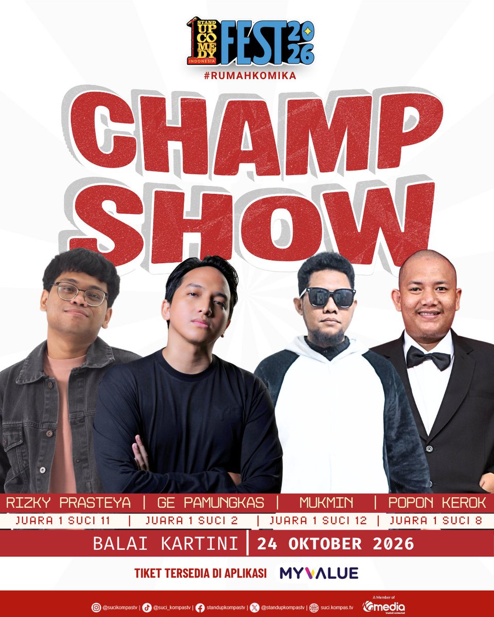 StandUpKompasTV's tweet photo. Duhhh bakal sepecah apa ya panggung SUCIFest 2026 diisi para JUARA?!👀🤩

Nonton langsung aja deh! Buruan amankan tiketnya di sini https://t.co/npwjVTLonK ✨

#SUCIFest2026 #SUCIKompasTV #StandUpComedyIndonesia #RumahKomika https://t.co/eftUfNZAa9