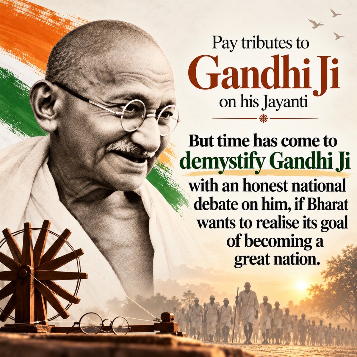 UdayMahurkar's tweet photo. While paying homage to Gandhiji on his Jayanti I call for a national debate on Bapu to demystify him. He did many good things but no honest Indian can deny that his principles of total non-violence & Hindu-Muslim unity at any cost were mainly responsible for Bharat’s Partition. 

India owes a lot to Gandhiji,  from Gram Swaraj & Swachha Bharat to inclusive social reform & the principle of Trustiship in which our CSR initiative is rooted.

Jinnah’s Muslim League fully exploited his two principles of Hindu-Muslim unity at any cost - which became HM unity at Hindu cost - & total nonviolence. 

Vande Matram was curtailed to appease Muslims & they were given special treatment. Jinnah used these as a loaded gun against the Cong.

On Aug 16, 1946, he launched a violent Jihad against Hindus in the form of Direct Action in Kolkatta to bring Congress to its knees. 

Cong had no effective answer to Direct Action violence. Within exactly an year - on Aug 14, 1947 - India was partitioned & Pakistan was born.

Those amongst the nationalists who are refraining from a national debate on him to bring out the real Gandhi are doing great disservice to the nation.