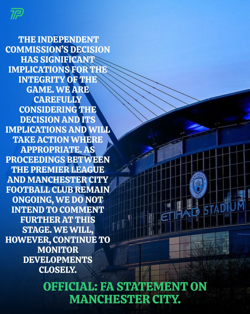 ThePitchlineX's tweet photo. 🚨 OFFICIAL: FA release a statement on Manchester City.

#manchestercity https://t.co/syg6yGi21H