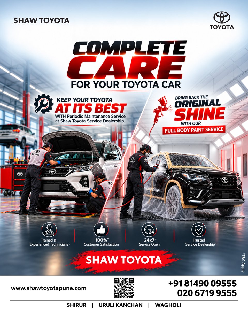 shaw_toyota's tweet photo. π§β¨ COMPLETE CARE FOR YOUR TOYOTA CAR!
Give your Toyota the expert care and attention it deserves to keep it performing and looking like new!
#ShawToyota #ToyotaService #CarCare #ToyotaMaintenance #BodyPaintService #ToyotaIndia #Pune #Shirur #UruliKanchan #Wagholi https://t.co/zjtGtUTOcX