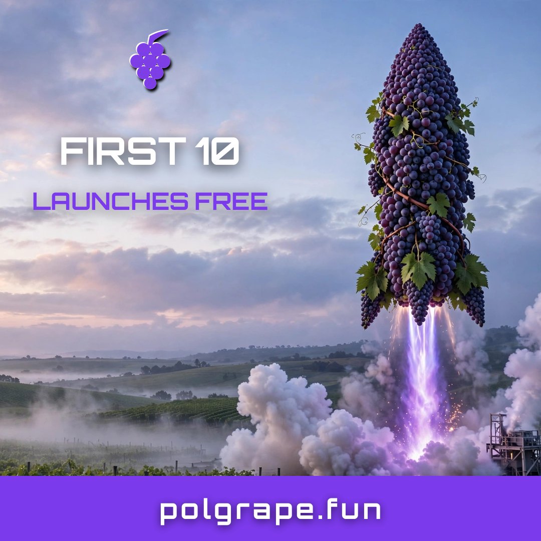 Polgrapefun's tweet photo. FIRST 10 LAUNCHES FREE 🚀🍇

Polgrape is lifting off — and the first 10 memecoins launch at ZERO cost.

Your coin. Your community. Your universe.

https://t.co/Jt8nZQMzXn

#Polgrape #PMF #Polygon https://t.co/g2NFm2pHix