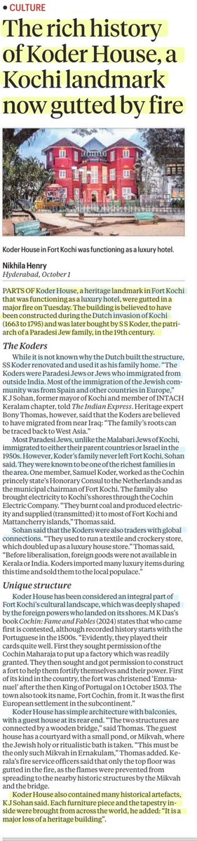 imRavikantYadav's tweet photo. The rich history of Koder house, a Kochi landmark, now gutted by fire
:Details by Ms Nikhila Henry
@NikhilaHenry
#KoderHouse
#Kochi
#Culture #Heritage #FortKochi
#LuxuryHotel
#History
#UPSC
Source: IE https://t.co/LggEQv6shD