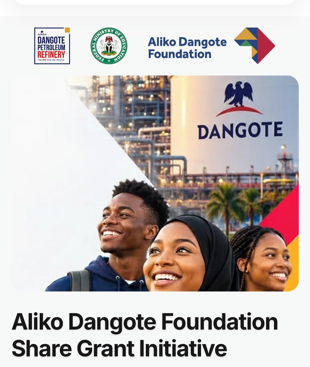 DangoteIPO's tweet photo. Are you a student in a Nigerian tertiary institution?

Aliko Dangote Foundation Share Grant Initiative is giving eligible students an opportunity to begin their investment journey and become shareholders. https://t.co/cXFE5Dsk1e