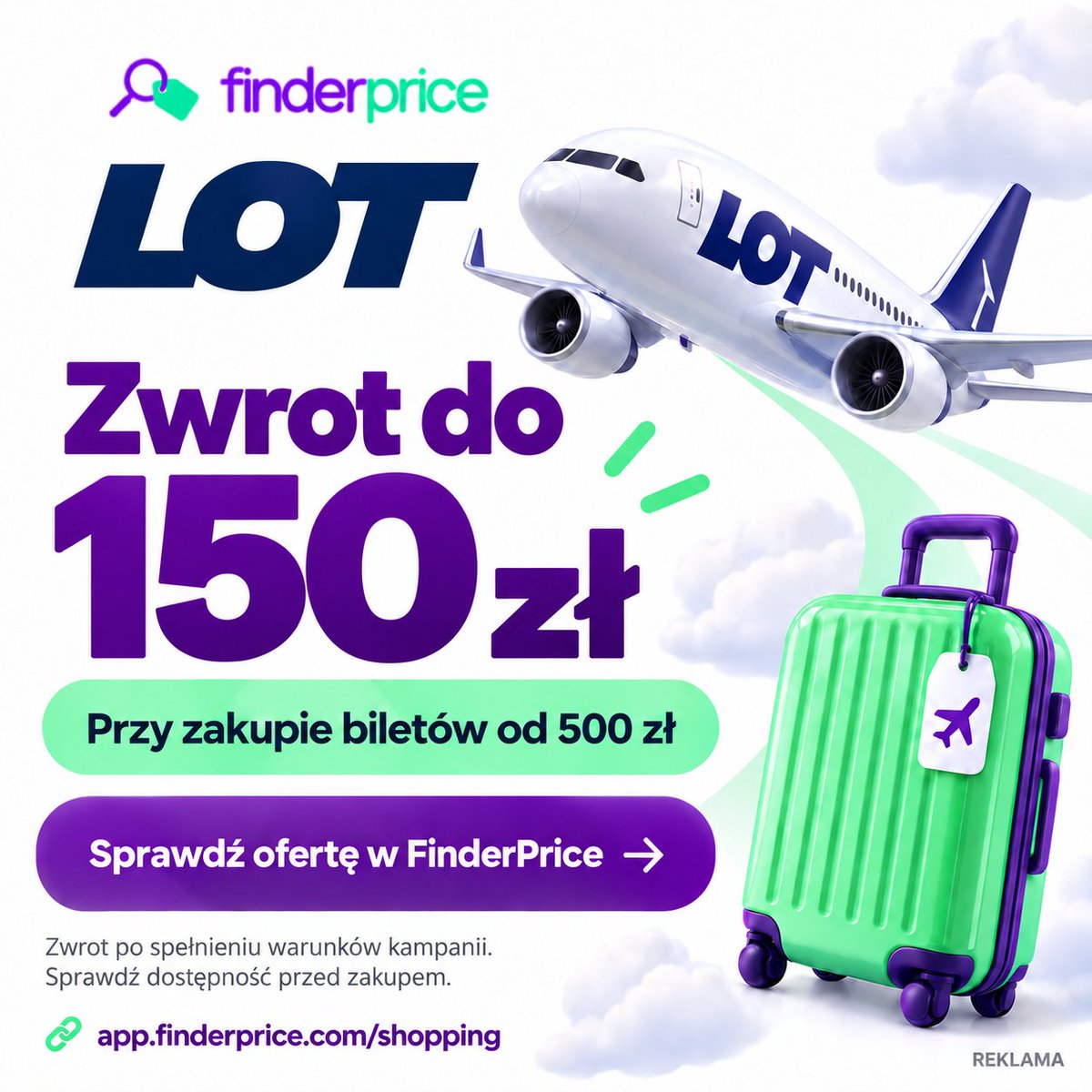 BacikJulia's tweet photo. LOT: do 150 zł zwrotu przez FinderPrice przy biletach od 500 zł ✈️ Po spełnieniu warunków kampanii. Sprawdź dostępność: https://t.co/lKQBmjhpUr #LOT #Podróże #Loty #Cashback #Promocje #reklama https://t.co/cKeYEFYajA