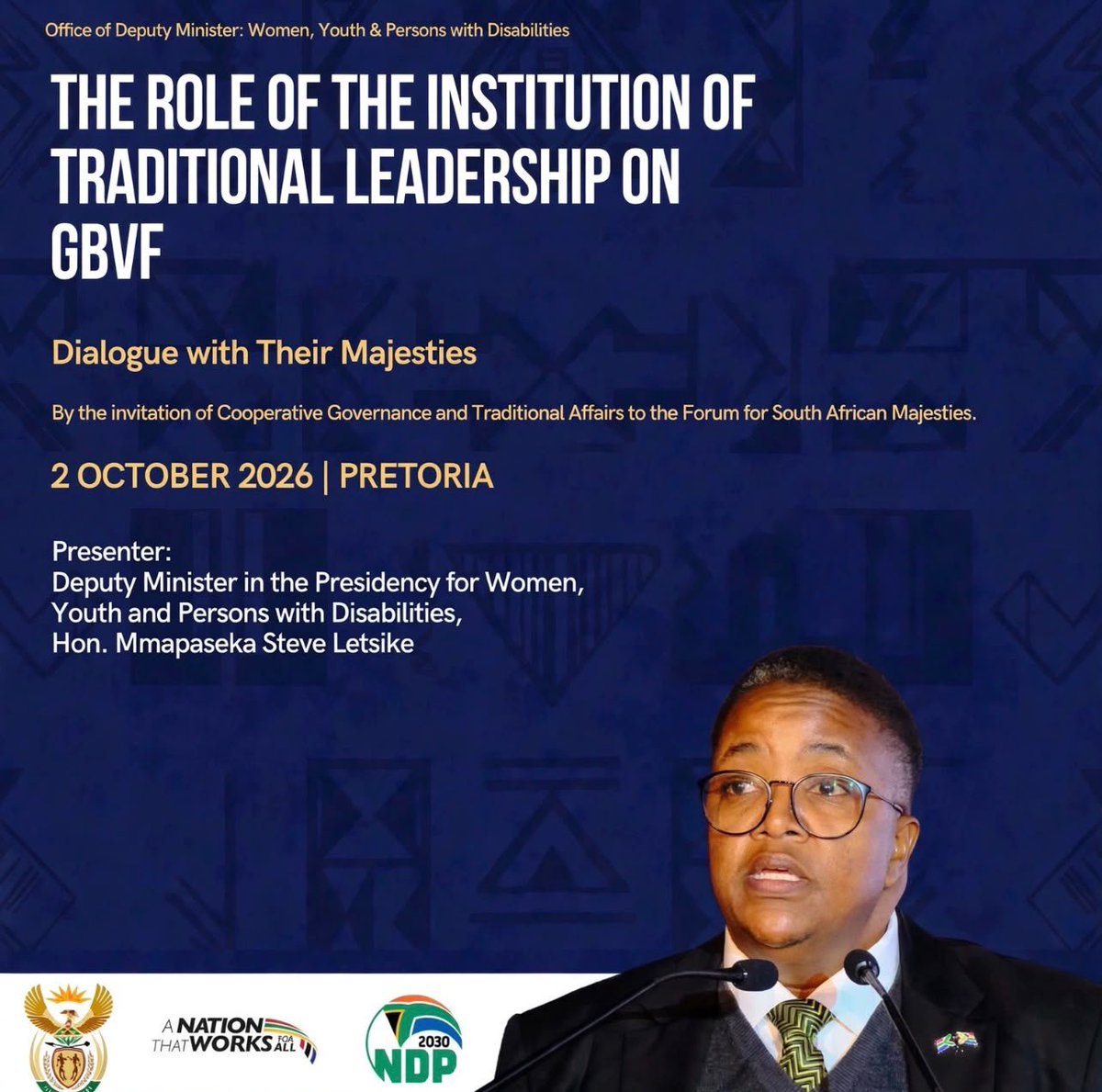 msletsike's tweet photo. I have the privilege this morning to join the Forum for South African Majesties, the Kings and Queens Forum to engage in their role in addressing GBVF. 

Traditional and Khoi-San leadership cannot sit at the margins of our national response. https://t.co/jAJ91NV6Nh