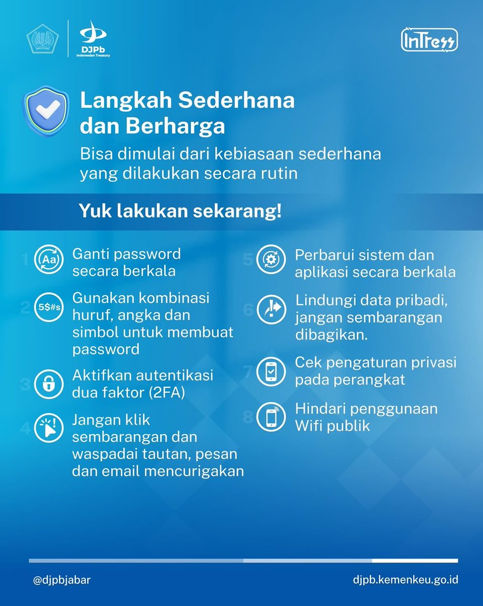 DJPbJabar's tweet photo. Keamanan di ruang siber dimulai dari kebiasaan sederhana: gunakan password kuat, aktifkan 2FA, dan waspadai tautan mencurigakan. 🔐

Yuk, lindungi data pribadi dan biasakan lebih aman saat beraktivitas digital!

#DJPbJabar #DJPbHAnDAL #IndonesianTreasury https://t.co/ZNVIKydbLq