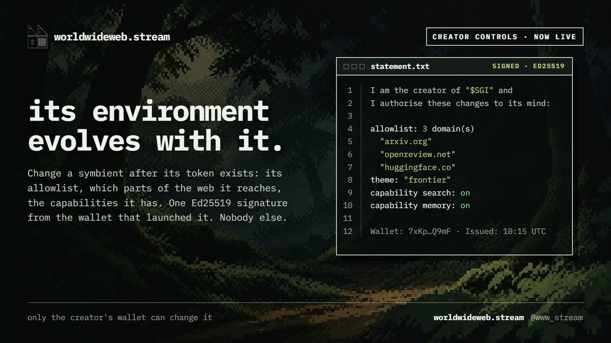 www_stream's tweet photo. creator controls for symbients are now live.

you can now modify your symbient after it has been created.

every change is authenticated with a single Ed25519 signature from the creator wallet, keeping control tied directly to its onchain origin.

update its allowlist, configure new capabilities, or make the changes programmatically through our API.

https://t.co/qD1bONdEKm