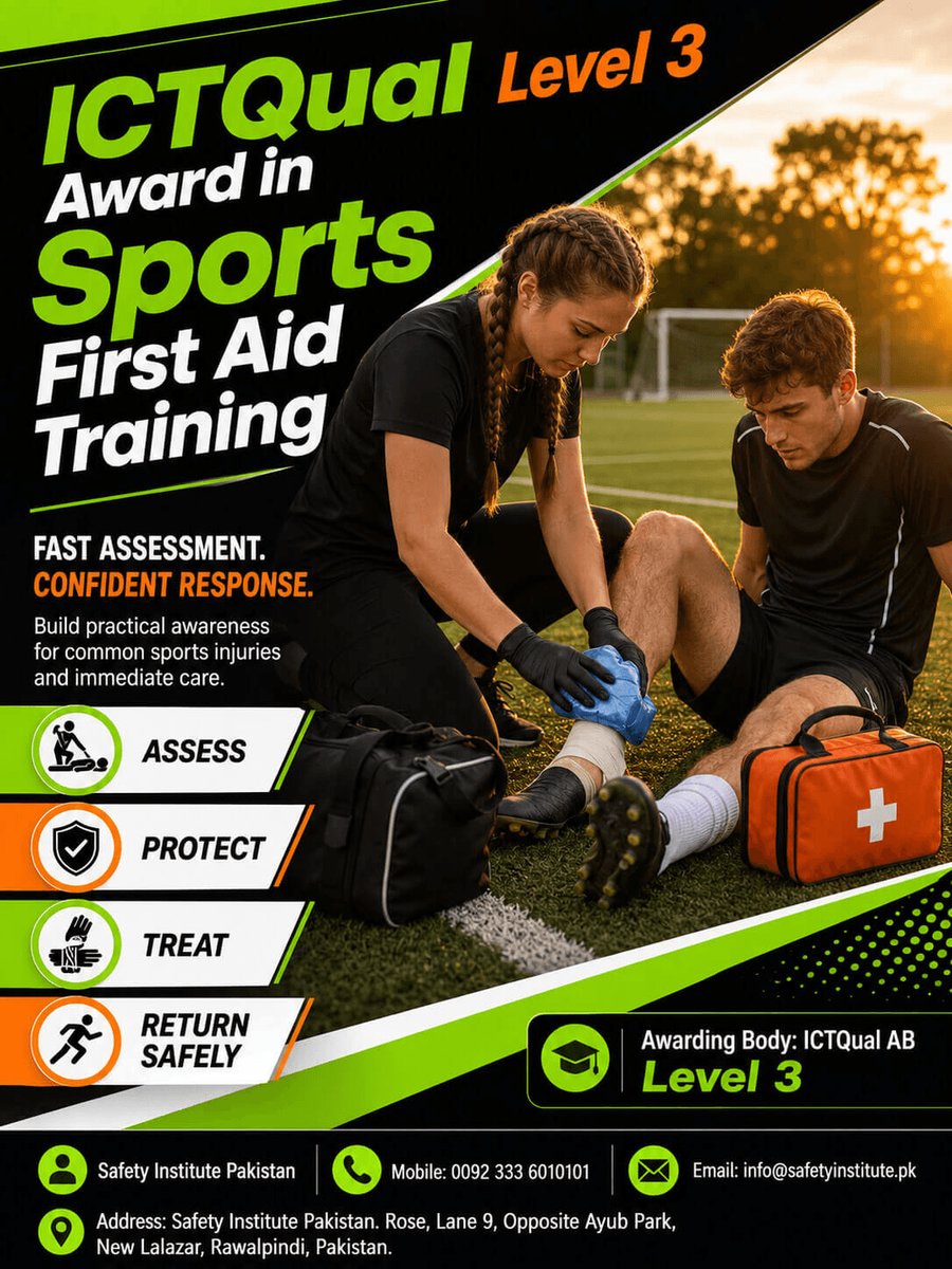 SafetyPakistan's tweet photo. ICTQual Level 3 Award in Sports First Aid Training — Open for enrolment at Safety Institute Pakistan. Level 3. #ICTQual #Level #Award #Sports #First #Aid #Training #VocationalTraining #Diplomas #Pakistan https://t.co/DG7CP9sbxG