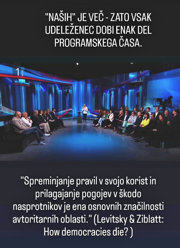 rravnikarNOV25's tweet photo. Sliki povesta več kot 2000 besed, kako javna
@rtvslo ne izpolnjuje svojega poslanstva uravnoteženega poročanja in predstavljanja razlicnih pogledov.

Večje anti-reklame si ne morete narediti. Pa je še najmanj pomembno, katero stran podpiram - najbolj skrbi in žalosti to, da kot demokratična republika izgubljamo prostor izmenjave in soočanja. 

Zakaj imate "druge" za tako neumne? Kdaj se je odnos do "drugih" tako spremenil? Da, vas sprašujem, ki pripravljate program. Saj razumem, imate svojo agendo in svoje poglede, ampak v demokratični skupnosti je medsebojno spoštovanje osnovna vrednota.

Pred dobrimi dvajsetimi leti sem delal kot piarovec v politiki. Tudi takrat smo vedeli, kdo kam sodi in kateri stric iz ozadja ima večji vpliv. A imel sem občutek, da smo se tisti na terenu, ki smo bili v neposrednem stiku – novinarji, uredniki in piarovci –, med seboj spoštovali na profesionalnem nivoju.  

Ko sem novembra lani sodeloval na soočenju ob referendumu o evtanaziji, so čas enakomerno razdelili med stran »ZA« in stran »PROTI«. Nasprotnikov nas je bilo takrat bistveno več, zato je vsak od nas dobil, če se prav spomnim, po 45 sekund. Večina je komaj uspela predstaviti eno misel. Na drugi strani so imeli zagovorniki po dve minuti. Pri tem je bilo tudi nekaj precej bizarnih zadreg, saj nekateri niso uspeli sestaviti dovolj argumentov za dvominutni nagovor.  Sinoči pa sem na soočenju o enem od štirih aktualnih referendumov slišal uvodno napoved, da bo vsak nastopajoči dobil 40 sekund. Resno? 

Takrat torej enak čas za obe strani, zdaj enak čas za vsakega nastopajočega. To sta različni merili, ki ob različnem številu sodelujočih pomenita tudi različno razporeditev časa med obema stranema. Zakaj ste merilo spremenili?

 Pa jaz sem samo aktiven državljan, pričakujem, da bo svojo kritiko in oceno  podala predvsem novinarska, medijska in pravna stroka.

"Spreminjanje pravil v svojo korist in prilagajanje pogojev v škodo nasprotnikov je ena osnovnih značilnosti avtoritarnih oblasti." (Levitsky & Ziblatt: How democracies die? )