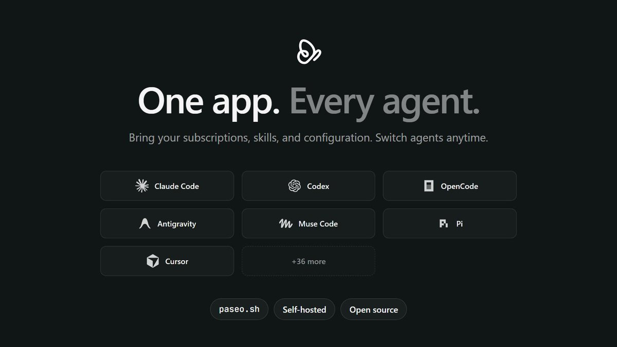 paseodotsh's tweet photo. Claude Code for one task. Codex for another. OpenCode when you feel like it.

Stop juggling terminals.

Paseo puts 40+ coding agents in one app, running on your own machine, with the subscriptions and config you already have. Switch agents mid-task. Run them in parallel. Check in from your phone.

Self-hosted. Open source. No telemetry.

https://t.co/06j9WPxVTT