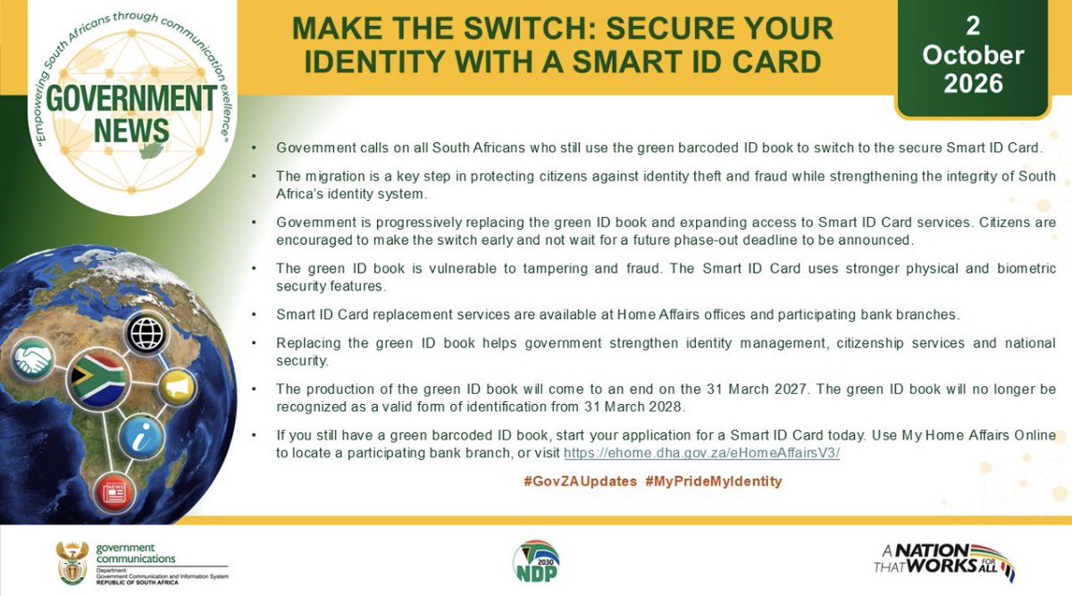 GCISMedia's tweet photo. If you still have a green barcoded ID book, start your application for a Smart ID Card today. Use My Home Affairs Online to locate a participating bank branch, or visit https://t.co/AUQ9Ewbq1R

#GovZAUpdates https://t.co/y7rIsccHzU