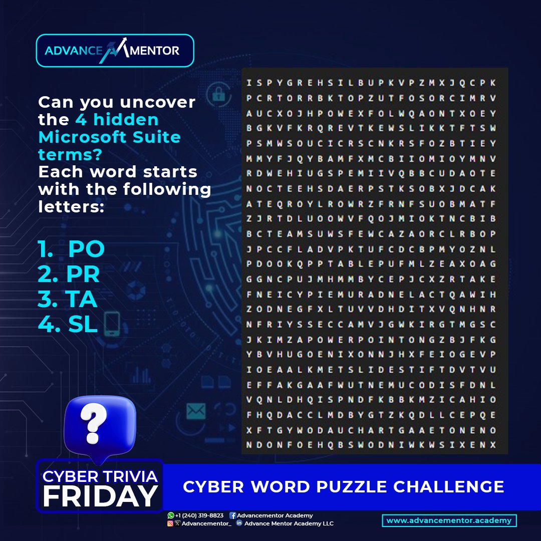 advancementor_'s tweet photo. π§© Cyber Trivia Friday!
Can you uncover the 4 hidden Microsoft Suite terms?
π PO
π PR
π TA
π SL
Found them? Drop your 4 answers below π
#CyberTriviaFriday #MicrosoftSuite #DigitalSkills #TechTrivia https://t.co/eDVQUsK3lV