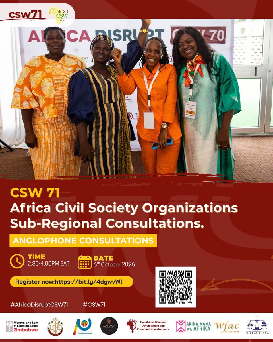 FemnetProg's tweet photo. 📢 Calling all Anglophone Civil Society Organisations!

Ahead of the 71st Session of the Commission on the Status of Women (CSW71), we invite CSOs from Anglophone Countries to join the consultation.

Join the conversation to share perspectives, reflect on progress, challenges, contribute priorities and recommendations that will help shape Africa’s collective advocacy ahead of CSW71.

🗓️ 6 October 2026
⏰ 2:30 PM – 4:00 PM EAT
💻 Online

🔗 Register here:https://t.co/QWrcHhrNu7

#CSW71 #AfricaDisruptCSW71