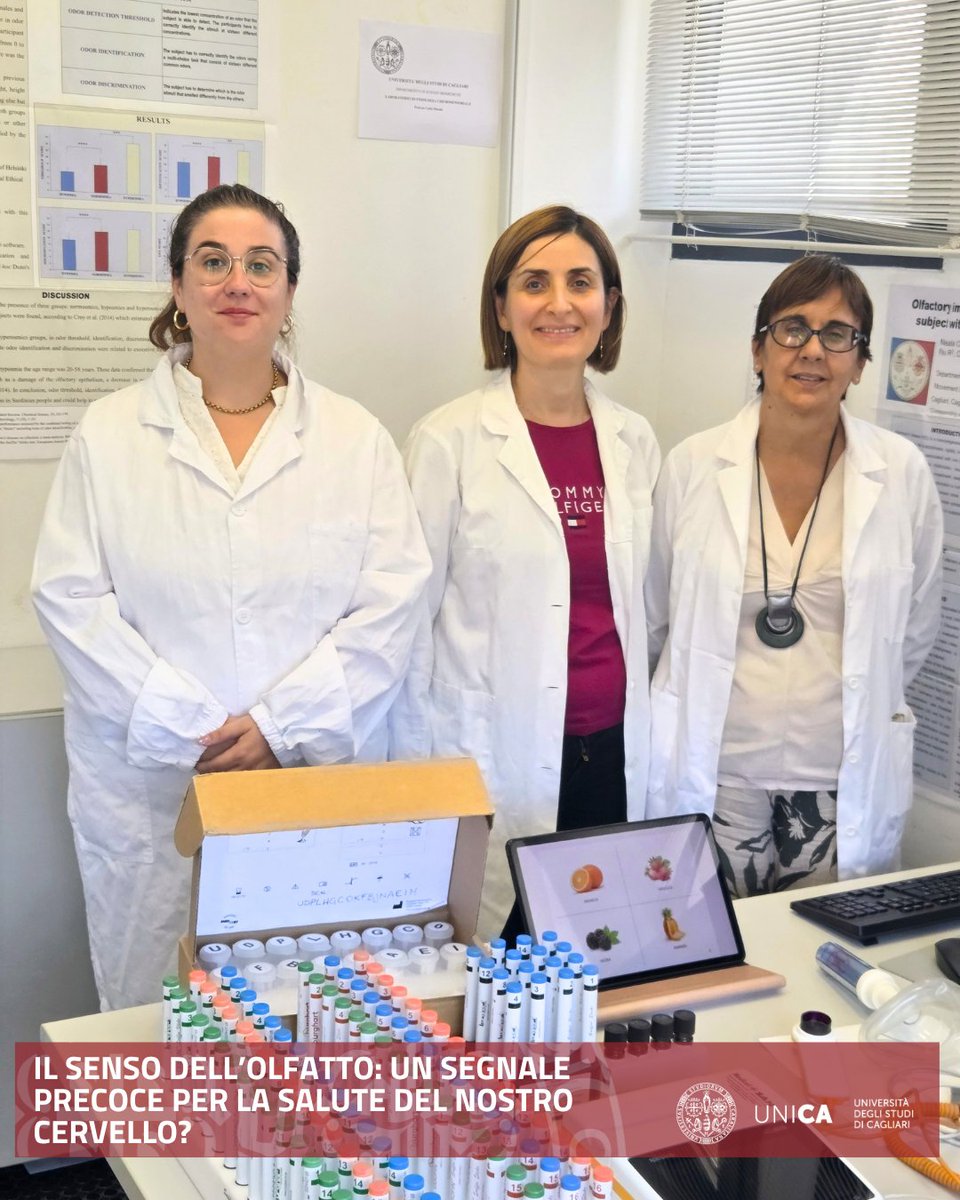 univca's tweet photo. 🧠 Perdere l’olfatto può essere un segnale precoce di declino cognitivo. Una ricerca della Prof.ssa Carla Masala  dimostra come le funzioni chemosensoriali siano un biomarcatore chiave per prevenire patologie come Parkinson e Alzheimer.   #Ricerca #Salute #UniCa https://t.co/Qb6deBDfeR