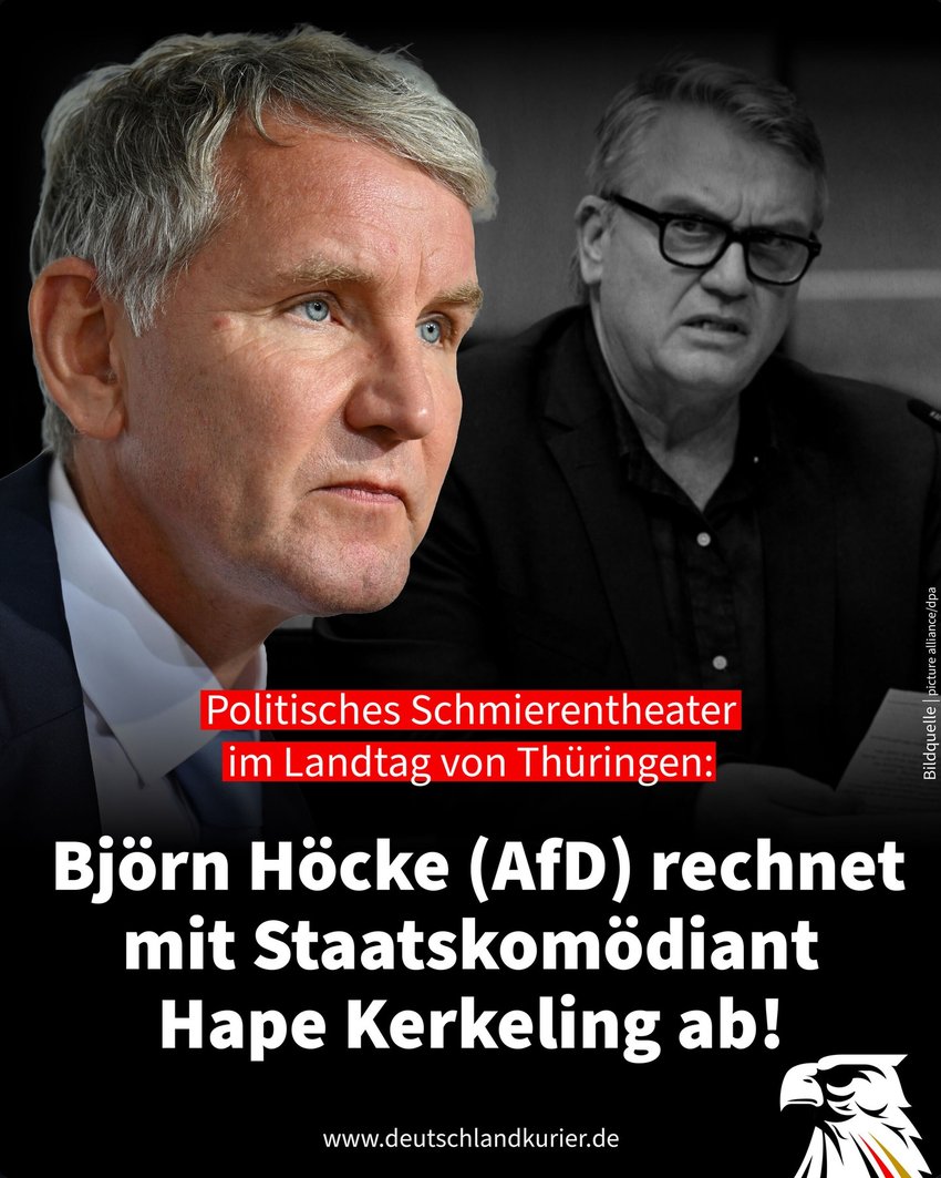 rico_brick's tweet photo. deutschlandkurier:

»In der absurden Debatte um ein AfD-Verbotsverfahren wartete die Linke mit echter Fachkompetenz auf: Als „Experte“ für die Anhörung im Justizausschuss des Thüringer Landtages, die medienwirksam im Plenarsaal des Parlaments inszeniert wurde, hatten die Kommunisten den Staatskomödianten und Systemclown Hape Kerkeling geladen. Der Thüringer AfD-Partei- und Fraktionschef Björn Höcke hat eine „Rezension“ zu diesem grotesken Schauspiel auf Facebook verfasst.

Björn Höcke schreibt, Kerkeling wisse natürlich, „wie man die Gefühle eines Publikums manipuliert. Darüber hinaus empfindet er sich als ‚Experte‘ für verfolgte Minderheiten, denn er flüchtete aus Berlin, weil es dort für Homosexuelle zu ungemütlich geworden ist.“

Der AfD-Politiker vermutet naheliegender Weise: „Das könnte etwas mit der großen Zahl von Zuwanderern zu tun haben, die aus Ländern stammen, in denen auf Homosexualität die Todesstrafe steht.“

Höcke wundert sich: „Wenn eine Partei genau das ändern und damit auch Menschen wie Hape Kerkeling in Deutschland ein friedliches Leben garantieren will, dann möchte er sie verbieten. Das I-Tüpfelchen der Absurdität: Er lässt sich dafür von jener Partei einladen, die in Berlin die Polizei abschaffen und noch mehr von jener Klientel einladen will, die in Homosexualität eine Todsünde sieht.“

Grundlage des Linken-Antrags war übrigens das bizarre Gefälligkeitsgutachten des Verfassungsschutzes für Ex-Innenminister Nancy Faeser (SPD) kurz vor deren Ausscheiden aus dem Amt. Diese fast ausschließlich auf das Internet gestützte „Expertise“ hat das Verwaltungsgericht in Köln bekanntlich einkassiert. „Daran ändert auch das gefühlige und die Realität verweigernde Geschwurbel von Kerkeling nichts“, stellt der Thüringer AfD-Chef fest.«