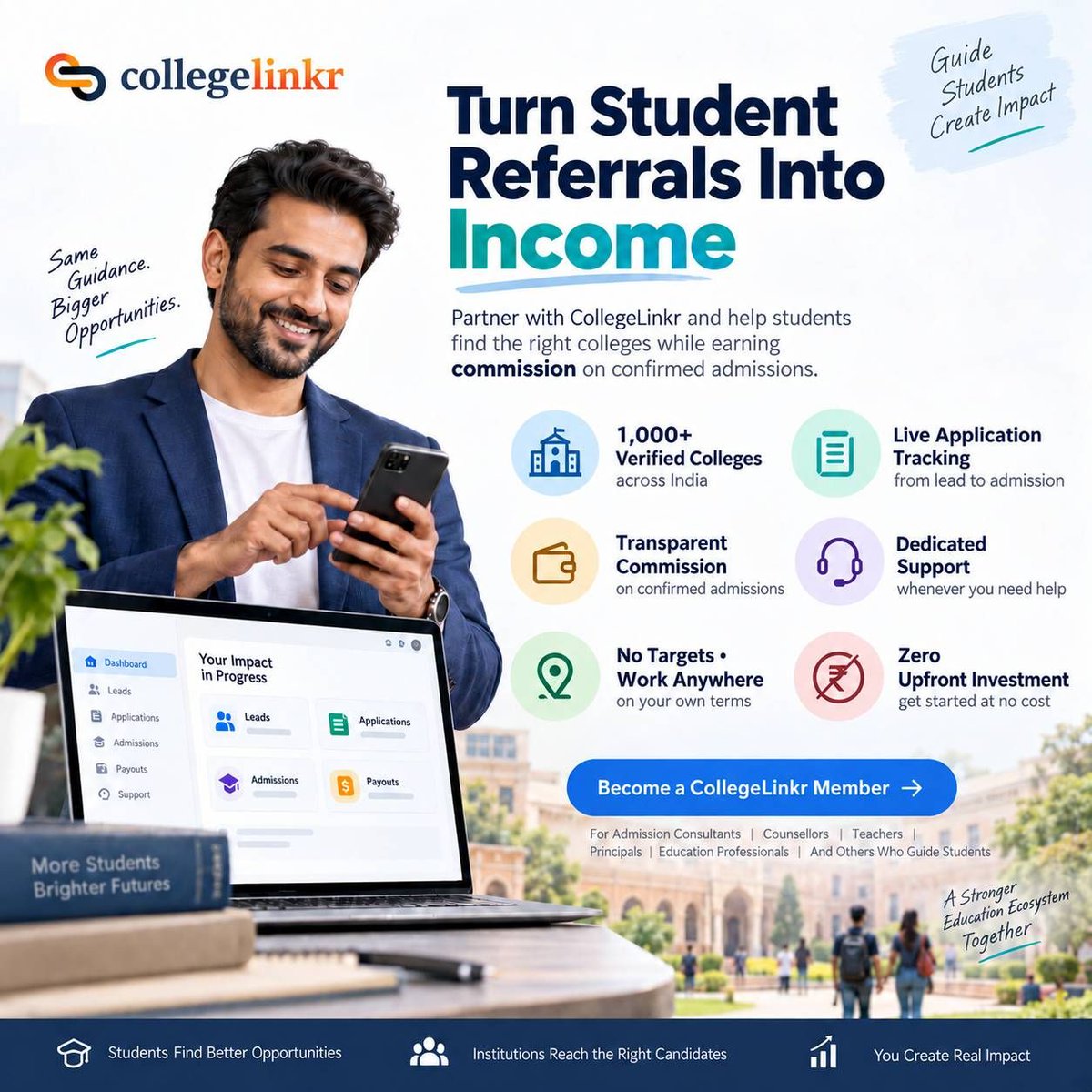 bikrambhakat's tweet photo. π Turn your student network into an opportunity with CollegeLinkr.
Connect students with 1000+ verified colleges, track applications live, and earn service charges on eligible confirmed admissions. Free to join.
#CollegeLinkr #StudentReferrals #Education https://t.co/eJX4rF4o5T