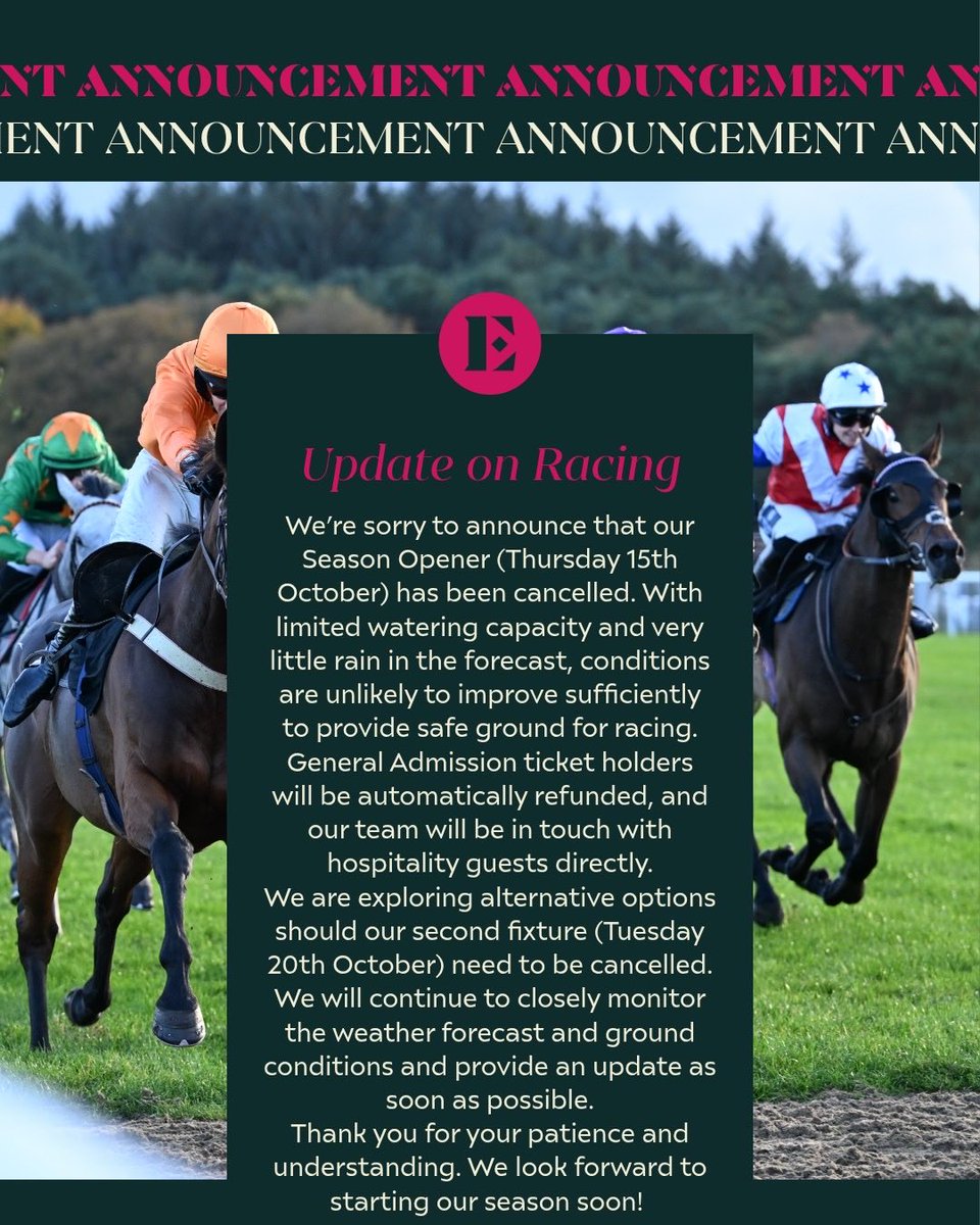 ExeterRaces's tweet photo. Racing has been cancelled on Thursday 15 October. We apologise for any inconveniences caused.  

Please see a further update for our Best Mate Chase fixture on Tuesday 20 October. https://t.co/PLOHSnjbD4