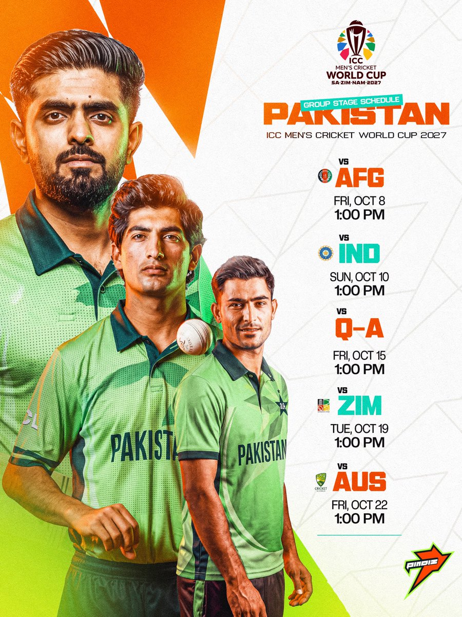 thepindiz's tweet photo. Pakistanβs #CWC27 group stage fixtures are locked in. π΅π°
Wishing our #MenInGreen all the best on the world stage! ππ
#MadeOfPindi #WeThePindiz https://t.co/S0diCOH3nq