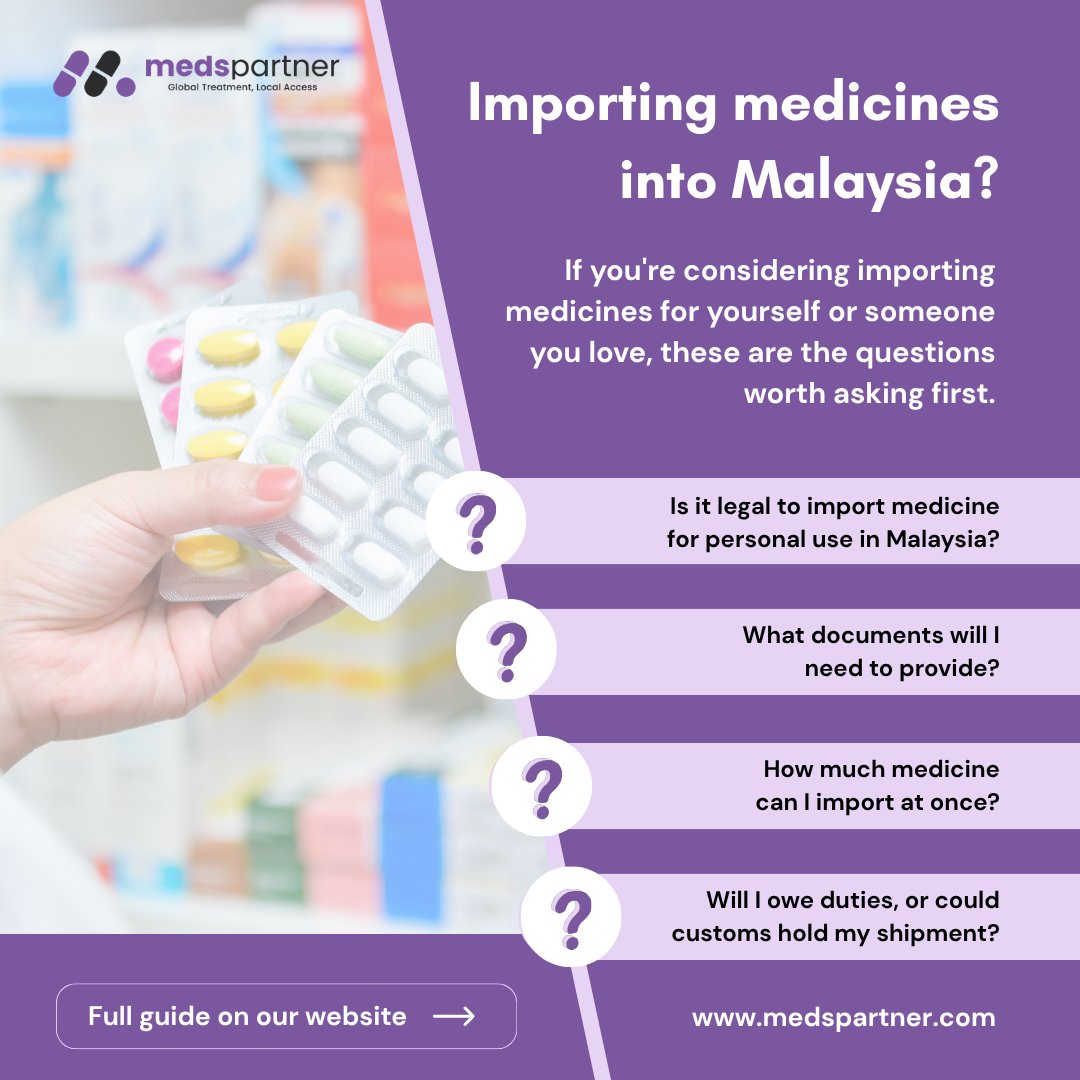 medspartner's tweet photo. Medicine you need not accessible in Malaysia?💊

Before you import, know the requirements, quantity limits, documentation &amp; customs rules.

Read our guide to importing medicines into Malaysia - https://t.co/o9ZoMQTrSZ

#MedicineAccess #Malaysia #PatientSupport #GlobalHealthcare https://t.co/xhkX81xgZH