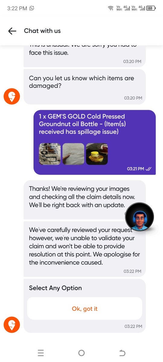 Neeta442392's tweet photo. @Swiggy @InstamartS I ordered my household items from instamart they are not accepting about the leakedoil bottle and nor missing products they close the chat while we are typing very unprofessional services. Why should we always pay for not received items https://t.co/SXNRu9muhW