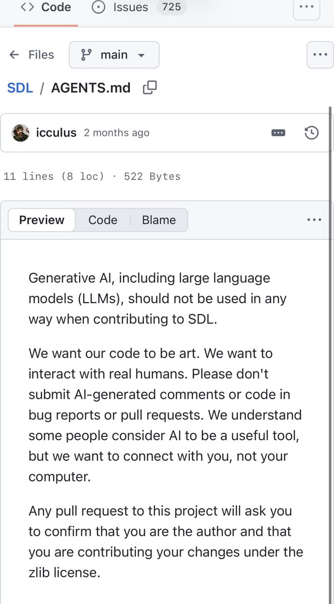 EliasDaler's tweet photo. SDL added AGENTS.md and it gives me hope. :’)

Huge W. https://t.co/aMNWu1GTNf