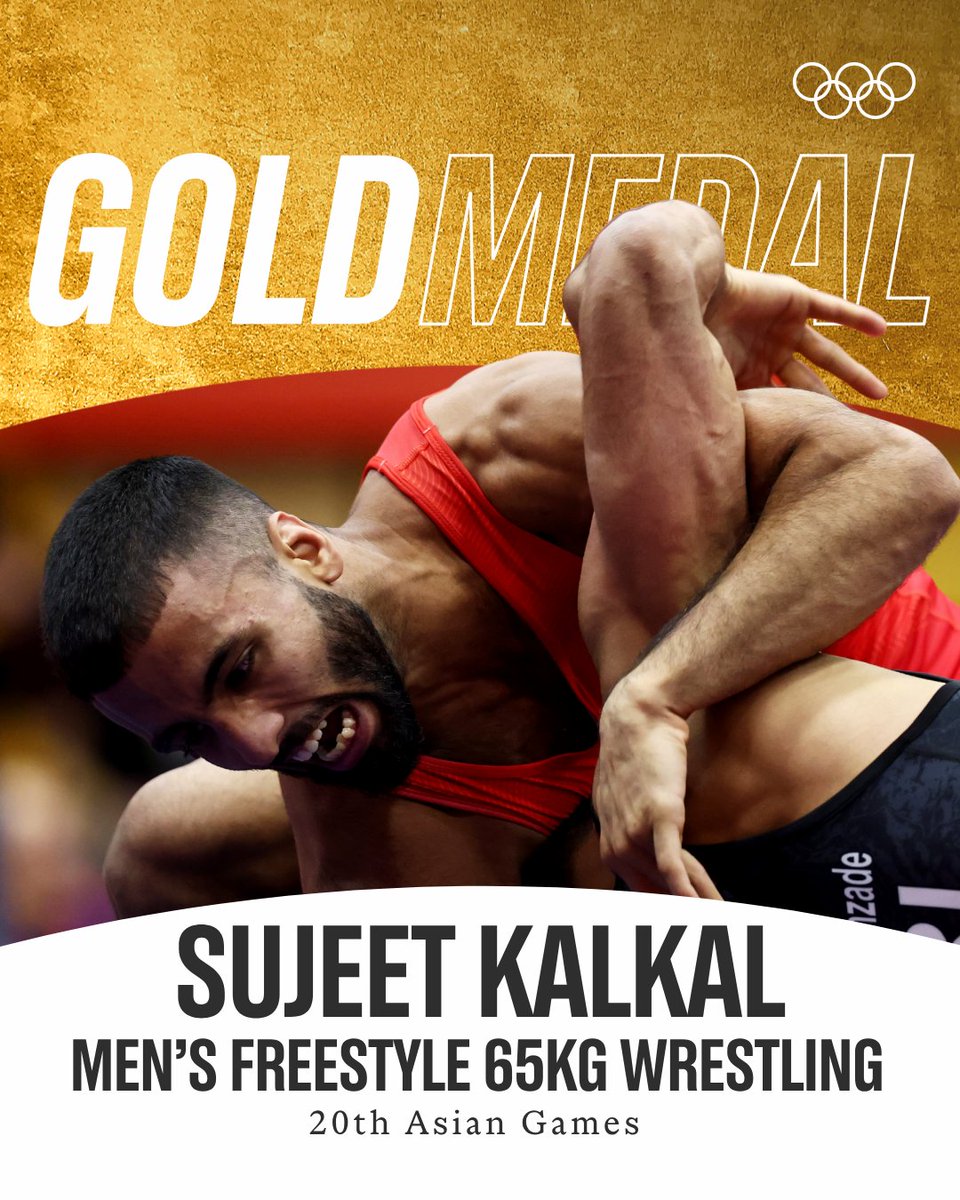 OlympicKhel's tweet photo. FROM 2-9 DOWN TO GOLD! 🤯🥇🇮🇳

Sujeet Kalkal pulls off a stunning 10-9 comeback in the men's 65kg freestyle wrestling final to become the Asian Games champion! 🤼‍♂️🔥

#AichiNagoya2026 #AsianGames https://t.co/oU7RDbBukN