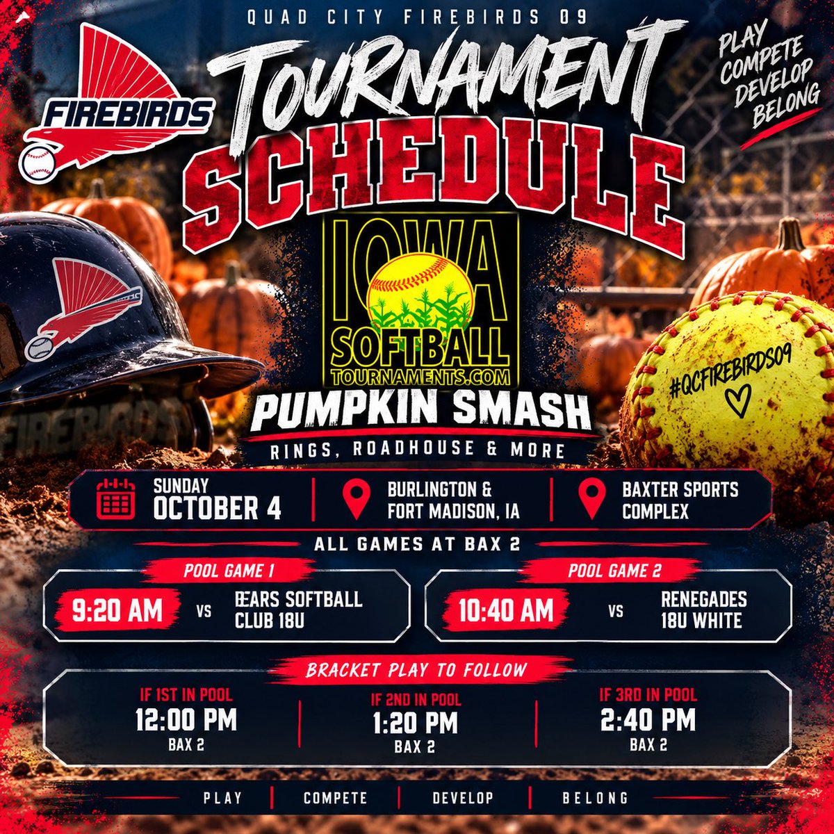 QCFirebirds09's tweet photo. 🎃🥎 PUMPKIN SMASH WEEKEND

The Firebirds are back on the field Sunday in Burlington! 🔥

🆚 Bears Softball Club 18U | 9:20 AM
🆚 Renegades 18U White | 10:40 AM
📍 Baxter Sports Complex | BAX 2

Bracket play to follow.

#QCFirebirds09 #SoftballRecruiting #Fastpitch https://t.co/qM7gOa9PXP