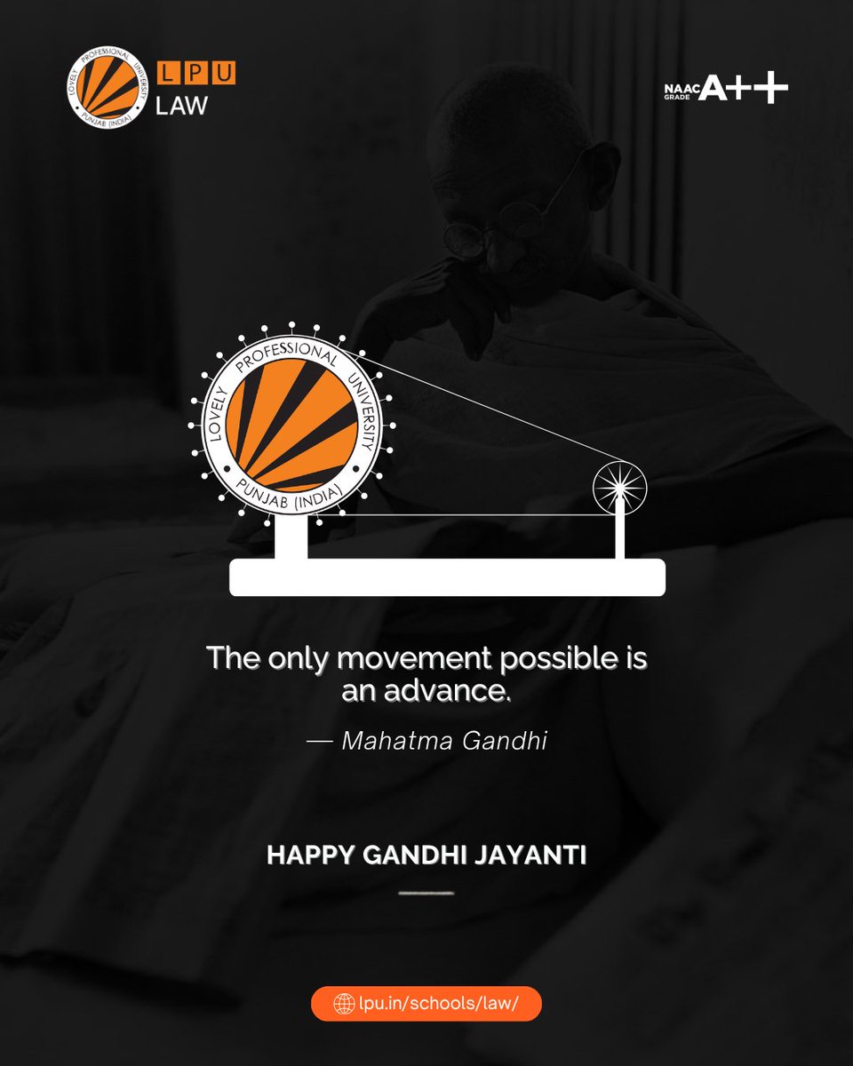 LPUlawSchool's tweet photo. Upholding the values of truth, resilience, and law. Wishing everyone a reflective Gandhi Jayanti. 🇮🇳
#GandhiJayanti #MahatmaGandhi #LegalEducation #LPU #GandhiLegacy https://t.co/Tr2xqqGgHE