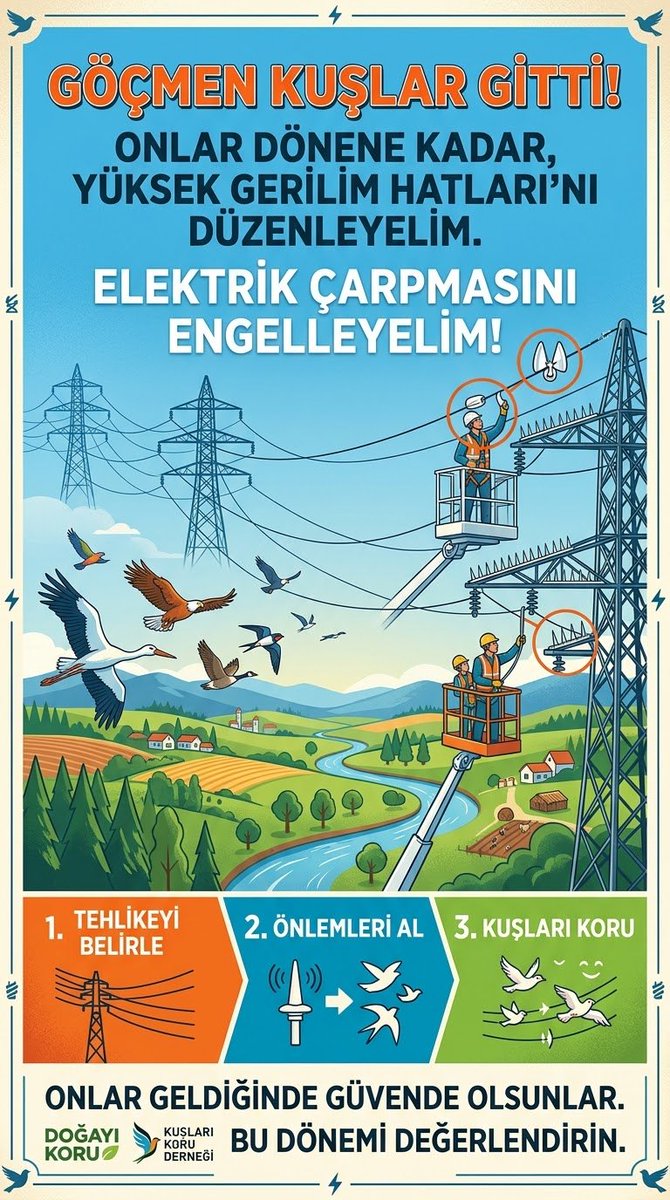 Omrfrkrbc's tweet photo. 🕊️ Göçmen kuşlar gitti, şimdi altyapıyı güvenli hale getirme zamanı!
Kuşlar geri dönmeden yüksek gerilim hatlarında yalıtım ve kuş saptırıcı düzenlemelerini yapalım, elektrik çarpmalarının önüne geçelim. ⚡🌍
#GöçmenKuşlar #Enerji #Sürdürülebilirlik #DoğaKoruması #Altyapı https://t.co/suvWwdfejz