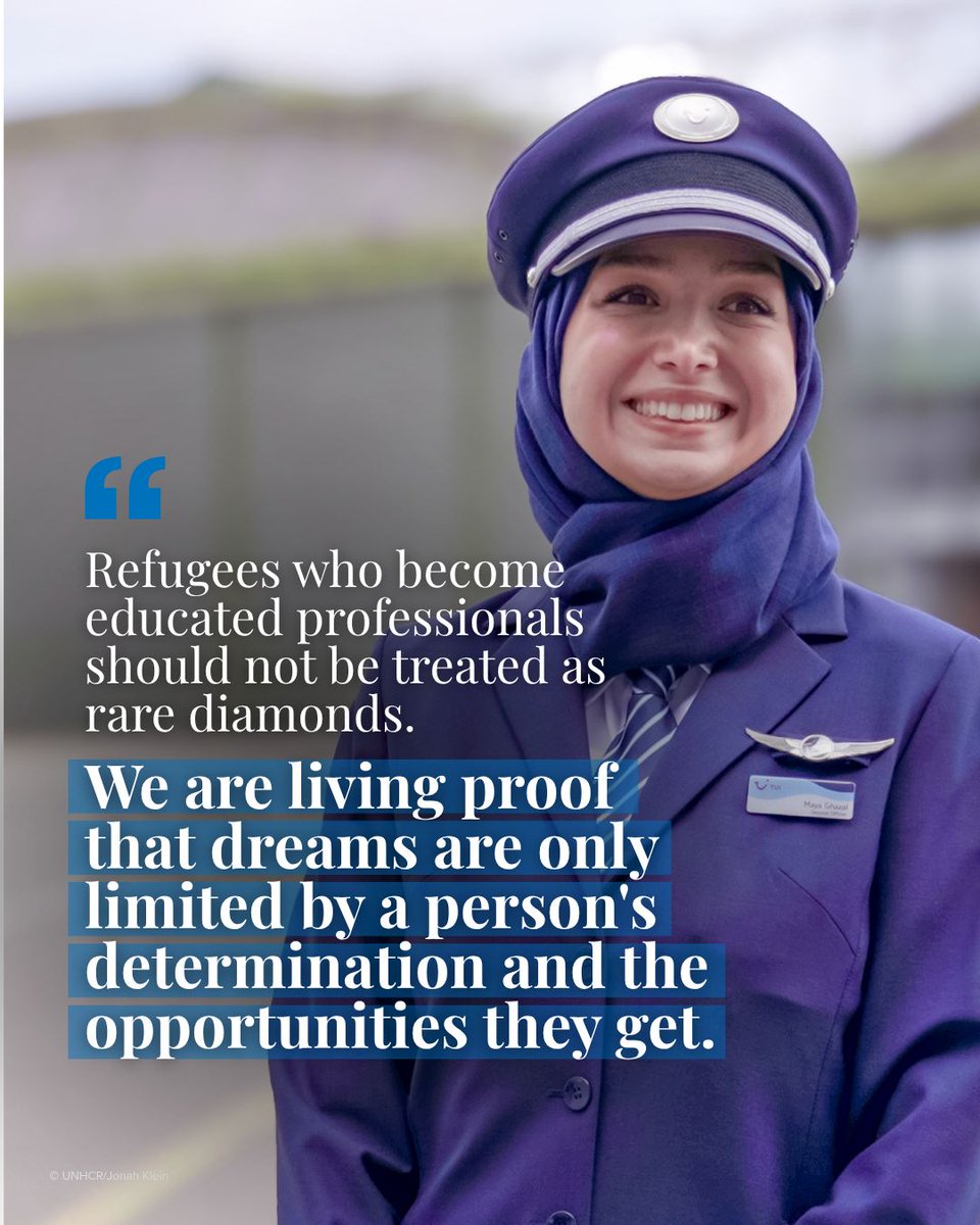 Refugees's tweet photo. From Syrian refugee to commercial pilot.

Our Goodwill Ambassador and the first female Syrian pilot, Maya Ghazal is proof of what’s possible when refugees have access to education.

Find out about her story and more in the UNHCR 2026 Education Report: https://t.co/Dg32aMJPWu https://t.co/oUUZWS4xjL