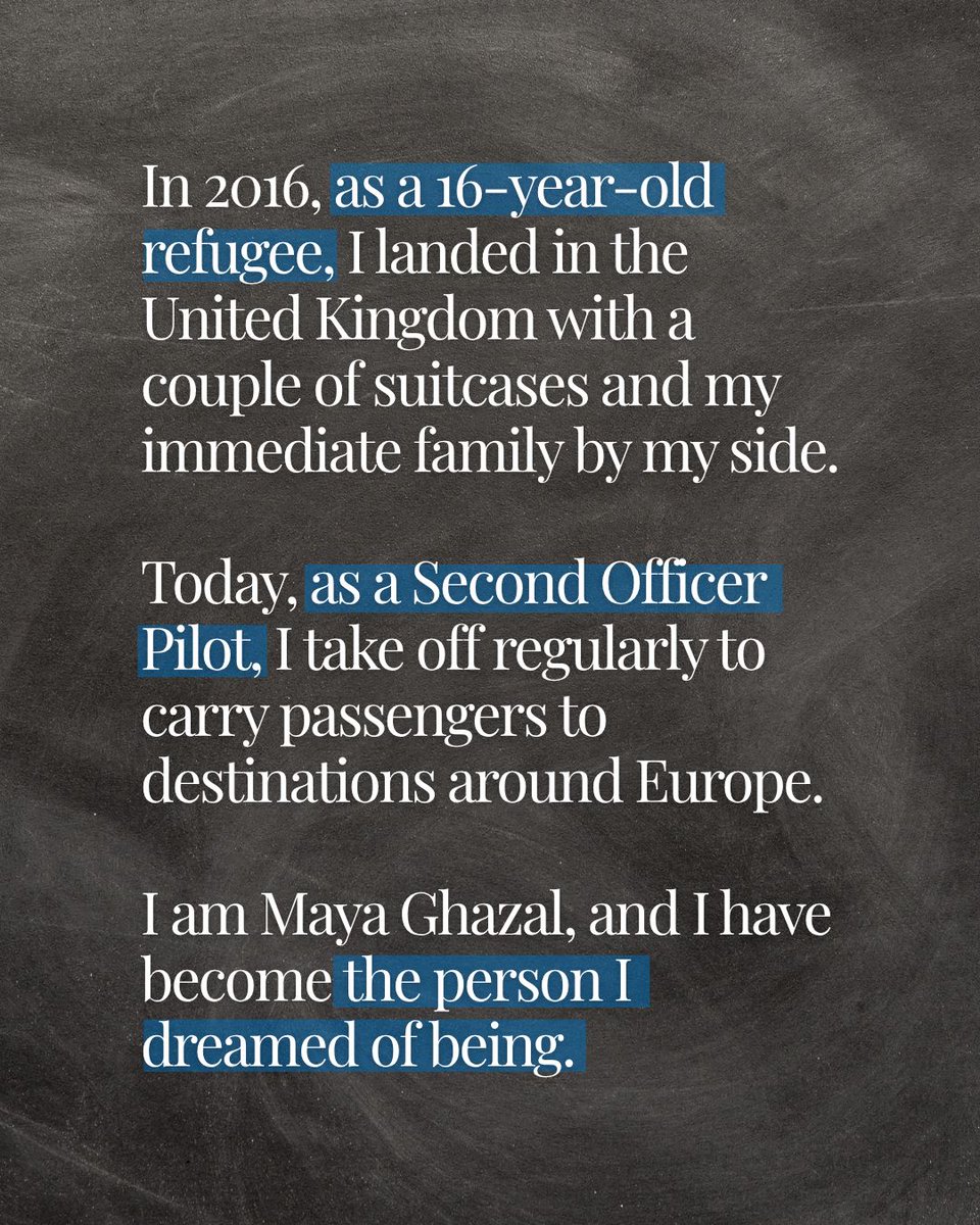 Refugees's tweet photo. From Syrian refugee to commercial pilot.

Our Goodwill Ambassador and the first female Syrian pilot, Maya Ghazal is proof of what’s possible when refugees have access to education.

Find out about her story and more in the UNHCR 2026 Education Report: https://t.co/Dg32aMJPWu https://t.co/oUUZWS4xjL