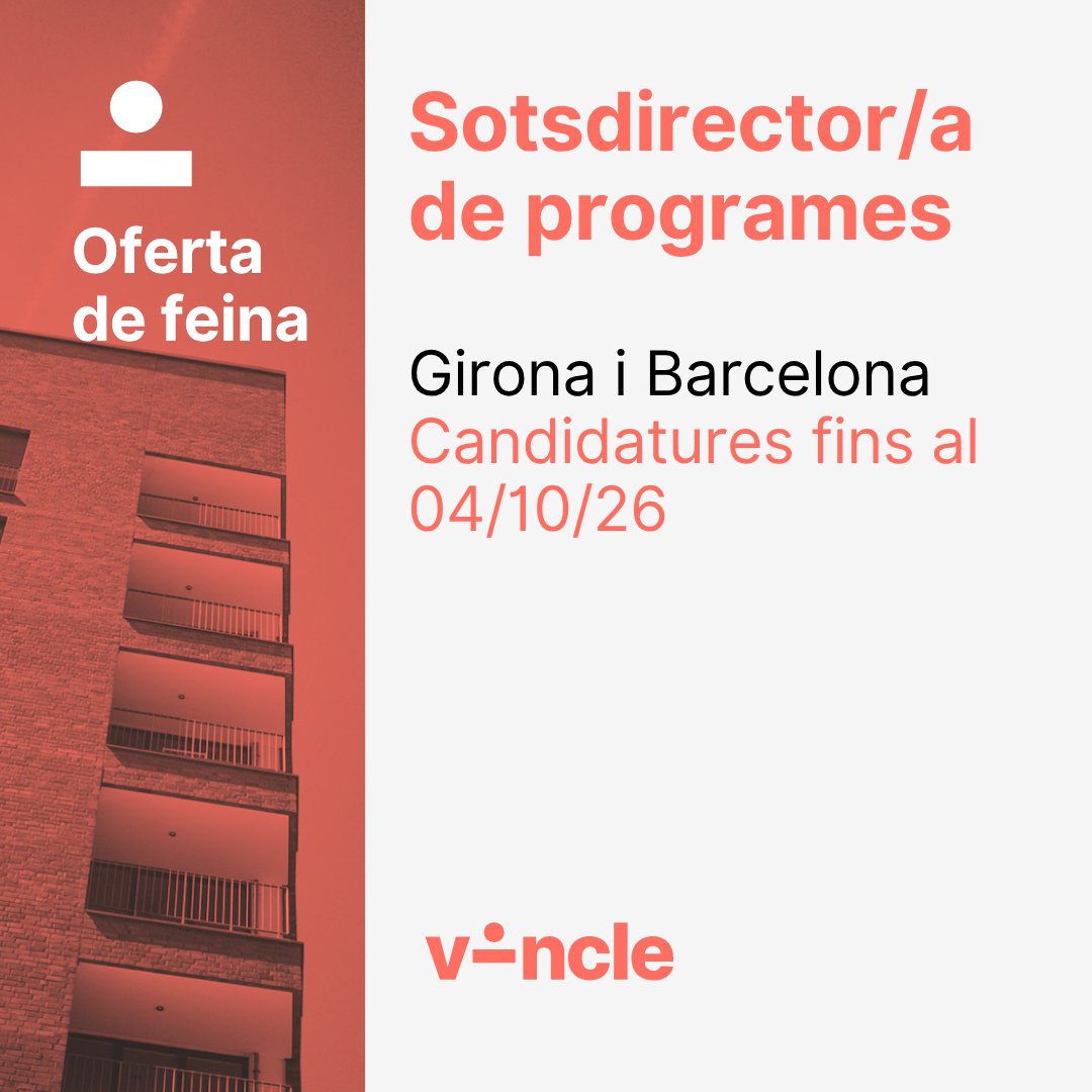 assocVINCLE's tweet photo. 📢 OFERTA DE FEINA
🔎 Sotsdirector/a de programes
📌 Girona i Barcelona
✍️ Candidatures fins al 04/10/26
👉 Més info: https://t.co/zVFdomoj48
#treball #oferta #feina #social #tercersector #comunitat #habitatge #girona #barcelona #vincle #recercafeina https://t.co/ouLNtNuoTx