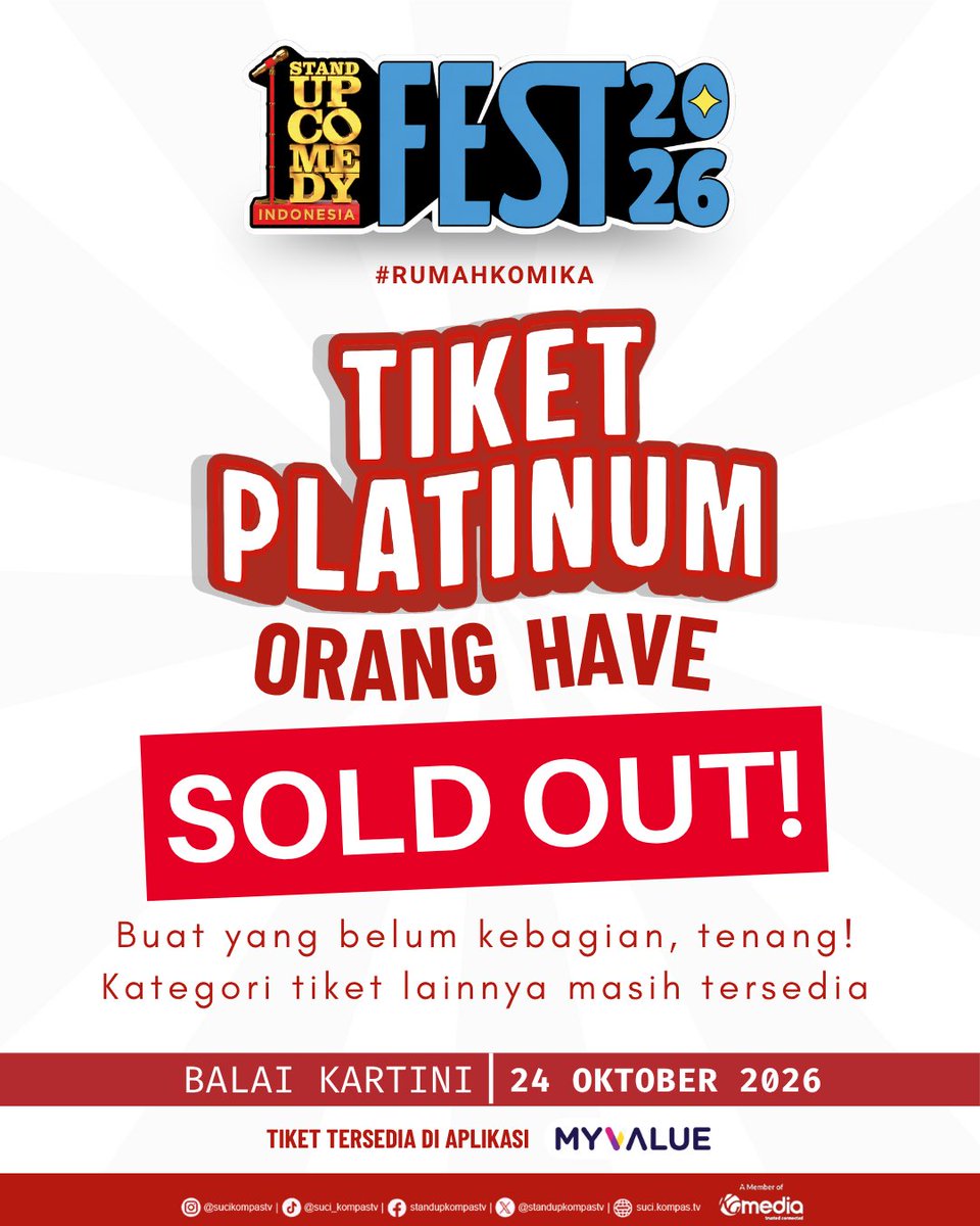 StandUpKompasTV's tweet photo. Warga, tiket Platinum #SUCIFest2026 resmi SOLD OUT! Terima kasih buat yang sudah gercep amankan tiketnya🫶

Buat yang belum kebagian, jangan nunggu kategori lainnya ikutan SOLD OUT! 👀

Buruan amankan tiketnya di sini https://t.co/npwjVTLonK ✨ https://t.co/Ald9DbpBKU