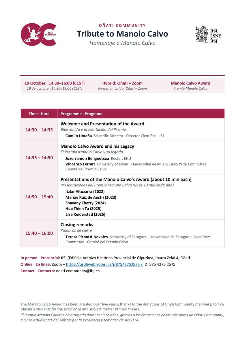 onaticommunity's tweet photo. Tribute to Manolo Calvo 

Join us on 19 October, 14:30–16:00 (CEST) to celebrate Manolo Calvo and the award in his name, and to hear from its recipients.

📍 In person: IISL, Oñati
💻 Online: via Zoom (link in the agenda)
 onati.community@iisj.es
@itziaraltuzarra https://t.co/VnckOo1eDZ