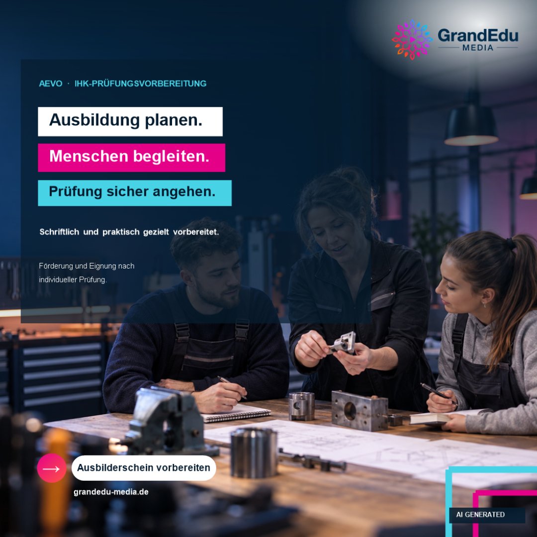 GrandEduMedia's tweet photo. Werbung: AEVO-Prüfung live online vorbereiten: Ausbildung planen und den schriftlichen sowie praktischen IHK-Prüfungsteil gezielt trainieren. Förderung nach individueller Prüfung. https://t.co/bGLU9aaMGS https://t.co/6FxEljWZVD