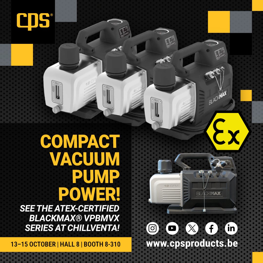 CpsProductsEu's tweet photo. Big vacuum performance. Less to carry. Want to know what else is inside? 👉 Meet the new ATEX-certified BlackMax® VPBMVX Series of vacuum pumps at Chillventa 2026.
►https://t.co/8Gk3Jbohr2
#Chillventa #Chillventa2026 #ATEX #HVACR #Refrigeration #AirConditioning #HVACTools https://t.co/nWuLBHS6yQ