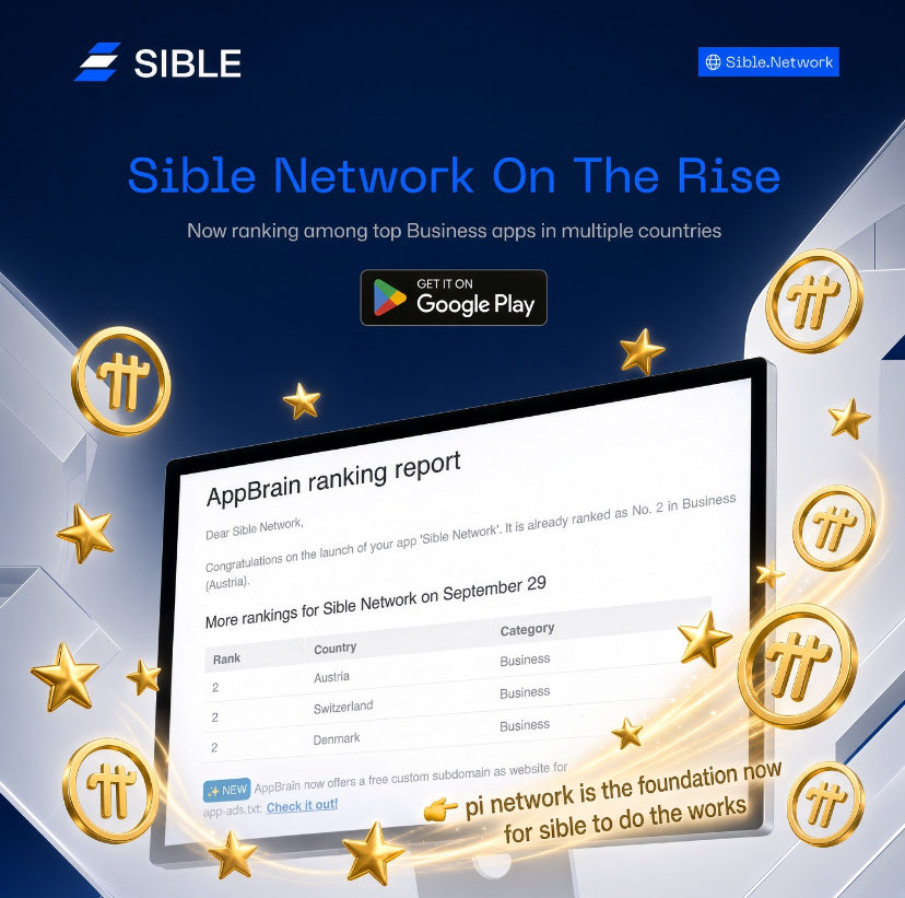 openmainnet's tweet photo. Pi Network laid the foundation. Now Sible is building on it. 🔥

Sible Network is gaining serious momentum across Europe 🌍

Just days after Android release, Sible hit *#2 in Business* on AppBrain in:
🇦🇹 Austria
🇨🇭 Switzerland
🇩🇰 Denmark

Early signal, huge milestone. The only way is up from here! 🚀

Mine Now
👉 https://t.co/ozEAKpn9v7

#SibleAI #SIBLE @SibleNetworkAI