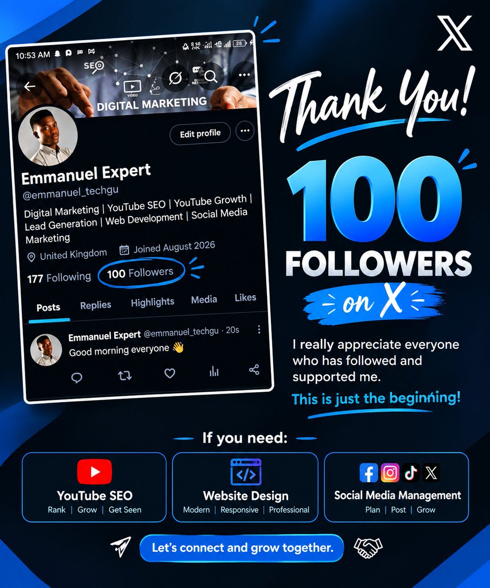 emmanuel_techgu's tweet photo. 100 followers already! 🎉

Thanks to everyone who followed and supported me. This is just the beginning.

If you need YouTube SEO, website design, or social media management, I'm available. Let's connect and grow together. 🤝

#100Followers #YouTubeSEO #WebDesign https://t.co/C6Bh1Pj7AP