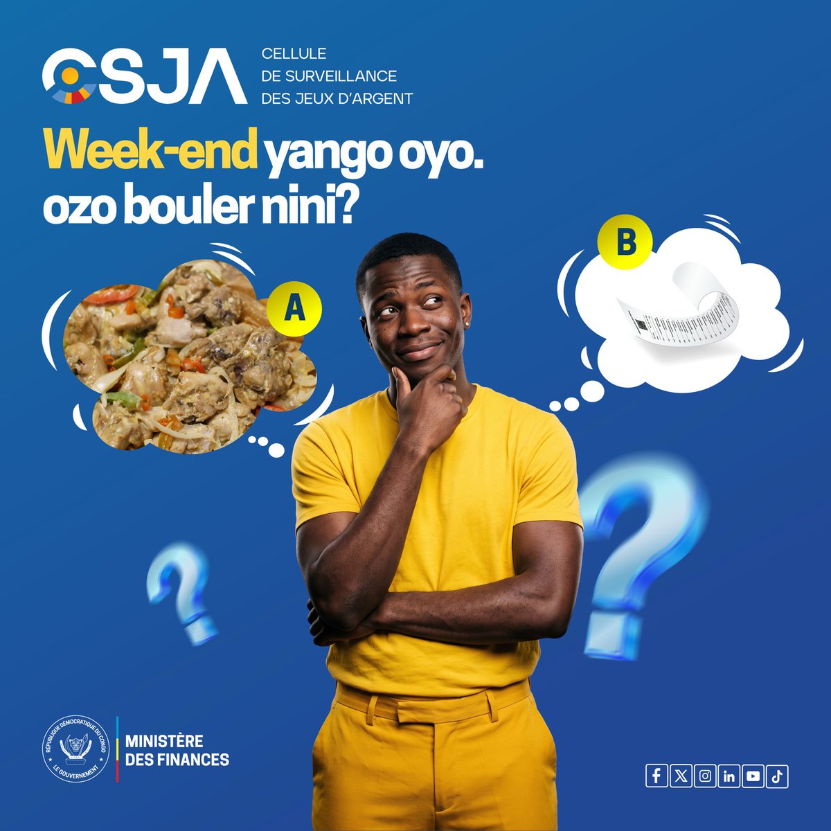 CSJARDC's tweet photo. Week-end ebandi lelo.
Ozo bouler nini ?😄

#CSJA #JeuResponsable #FinancesRDC #Weekend https://t.co/B79mzpQgZv