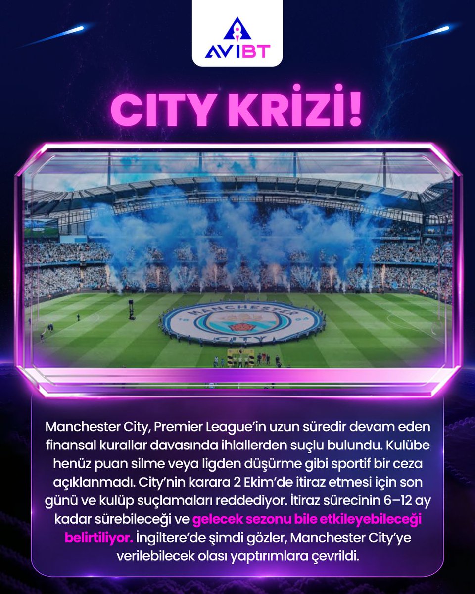 avibetofficial's tweet photo. 💜 CITY KRİZİ! 

Manchester City, Premier League'deki finansal davada suçlu bulundu.
   
Puan silme cezası henüz açıklanmazken, 6-12 ay sürecek itiraz davasının gelecek sezonu da etkilemesi bekleniyor. 💜 https://t.co/uwk4p6feNh
