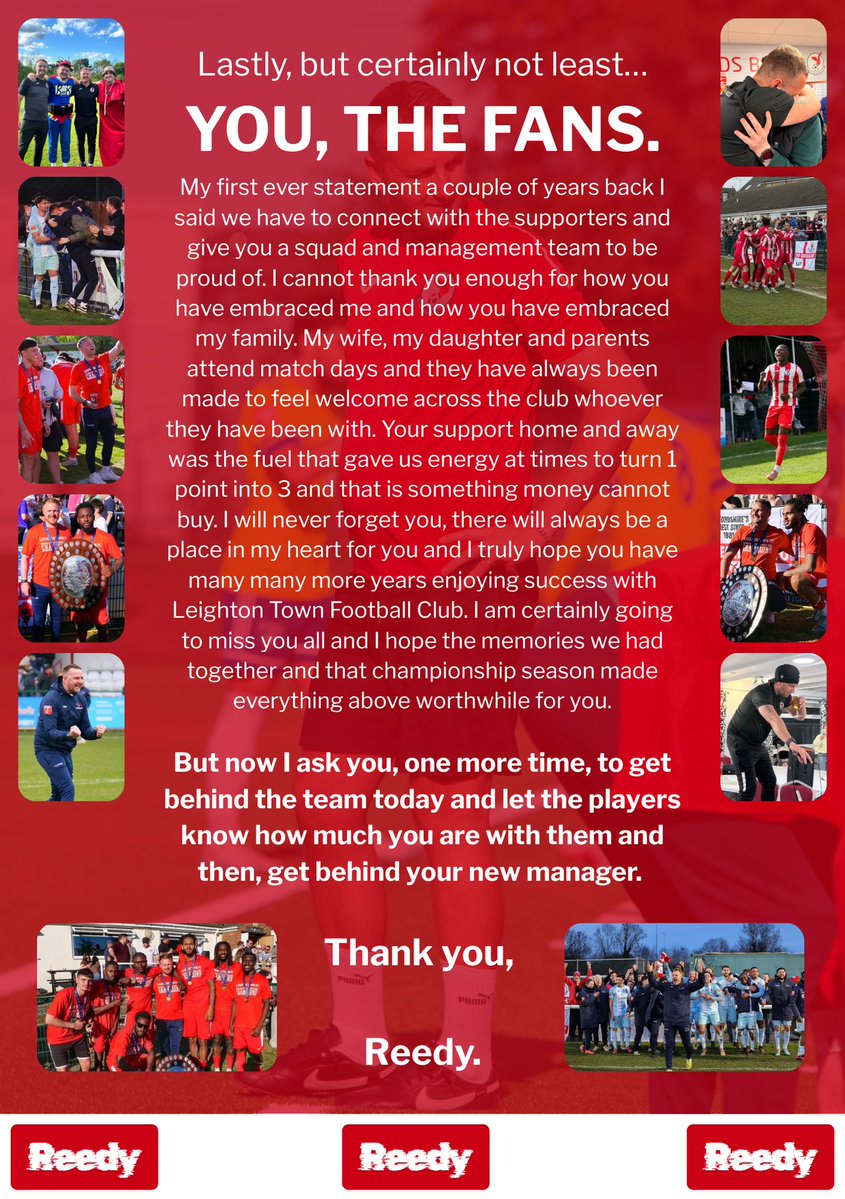 LeightonTownFC's tweet photo. 𝐀 𝐋𝐞𝐭𝐭𝐞𝐫 𝐟𝐫𝐨𝐦 𝐑𝐞𝐞𝐝𝐲 ✉️

See below a very open and honest letter from Paul Reed, summarising his time with us at Bell Close ❤️

#YourTownYourTeam https://t.co/vUKpb37c0D