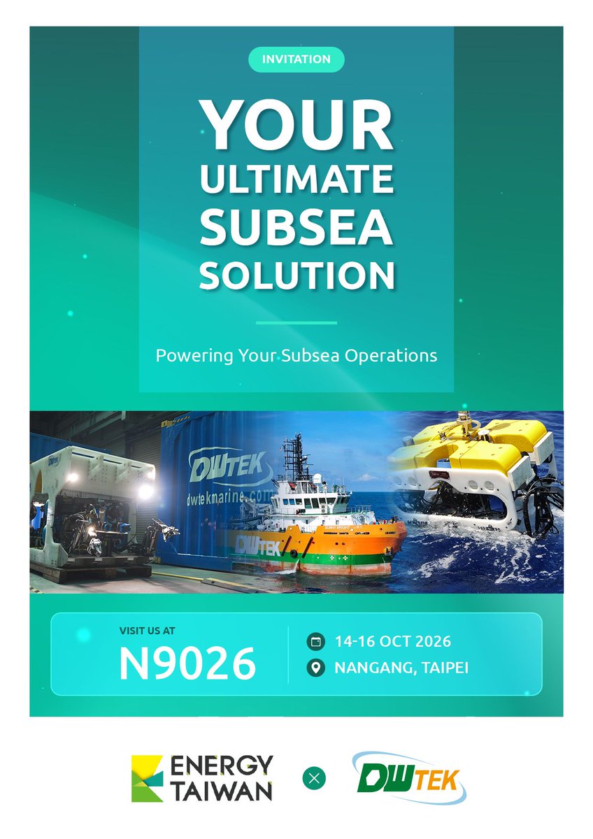 dwtek_subsea's tweet photo. Where to find us this month:
1๏ธโฃ Energy Taiwan 2026 ๐ Location: Taipei, Taiwan
๐ Booth: N0926
๐ก Focus: ROVs, subsea components, and localized offshore wind support services.
#SubseaServices #OffshoreWind https://t.co/qyCflZFxGx