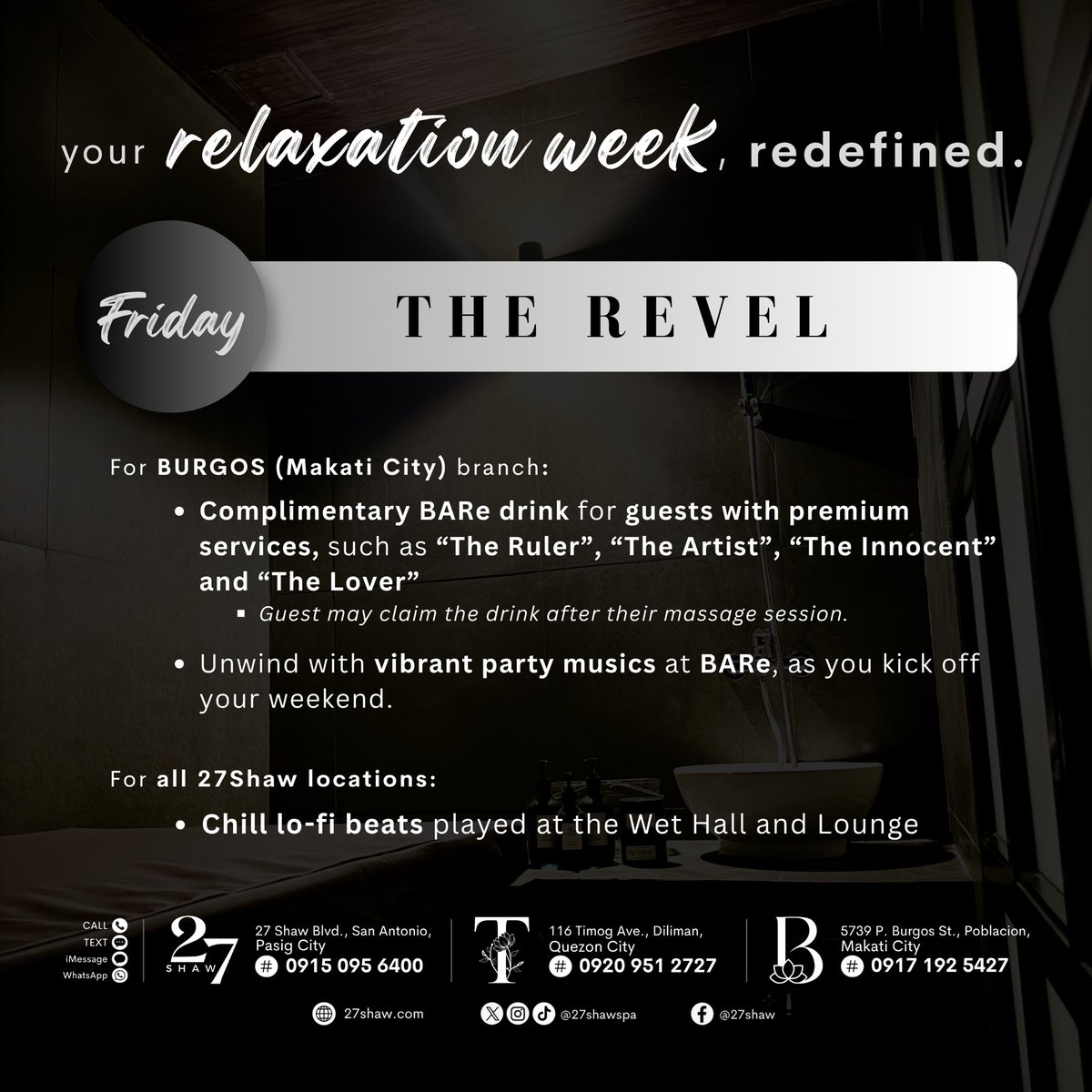 27shawspa's tweet photo. Friday calls for a little revelry. 🖤
A little luxury for the weekend ahead with “The Revel”—complimentary drinks with premium services, and party vibes waiting at BARe. 🥂
✨ https://t.co/8v8vA6YPLp
#ThisIs27Shaw
#27Shaw #Tby27Shaw #Bby27Shaw https://t.co/3pbsmWg4Ee
