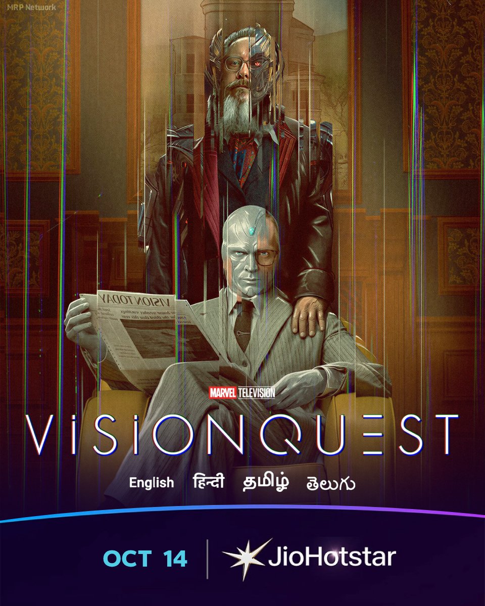MRP_Network's tweet photo. Marvel Television' VisionQuest (2026) Series will be Streaming on JioHotstar from 14th October, in #Hindi, #Tamil, #Telugu &amp; #English languages. #VisionQuest #PaulBettany #JamesSpader #TerryMatalas #MCU #IndiaMarvel #JioHotstar

Genres - Adventure Drama Mystery Sci-Fi Superhero https://t.co/C2SQBbblEX
