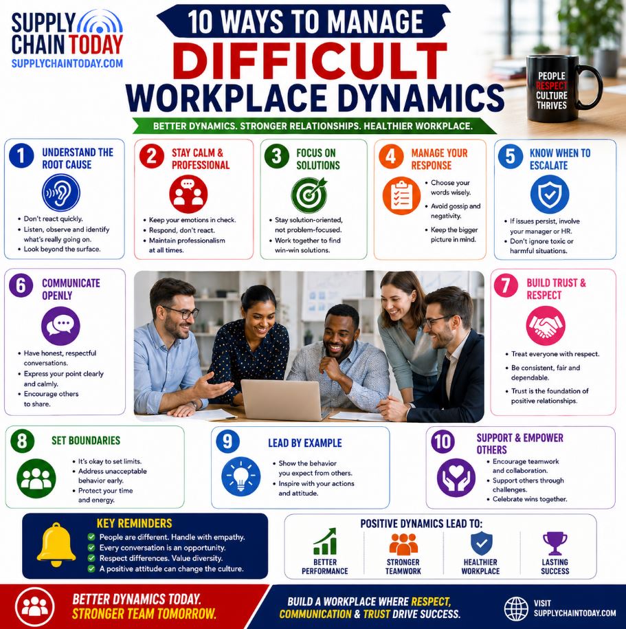 SupplyChainBlog's tweet photo. 10 Ways to Manage Difficult Workplace Dynamics.
Better Dynamics. Stronger Relationships. Healthier Workplace.
#TeamworkTips #LeadershipSkills #WorkplaceCulture #ConflictResolution #EmployeeEngagement https://t.co/ttyAbQAT6Q