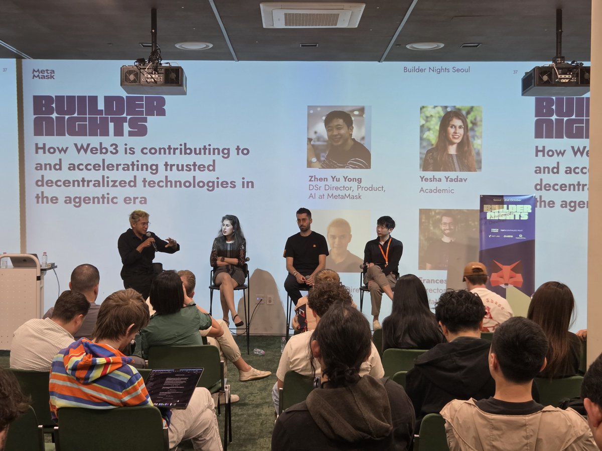 1mblocks's tweet photo. After BNB Seoul, we headed over to Seongsu, Seoul for MetaMask Builder Nights. 🦊

With @francescoswiss among the panelists, the conversation ranged from stablecoins and micropayments to verifiable identity, attestations, and what it could look like when software starts transacting on behalf of users.

Agent wallets also came up, along with the idea of making onchain interactions less dependent on users manually navigating a wallet interface, while security and guardrails continue to operate in the background.

The discussion later turned to adoption, including x402 and whether these new payment rails can find real use beyond crypto-native trading and experimentation.

#MetaMask #BuilderNights