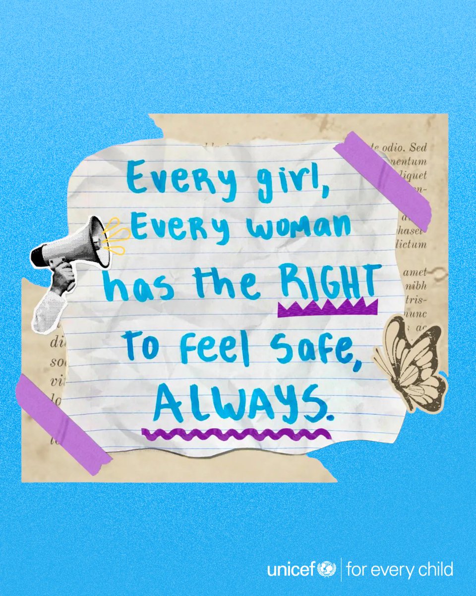 UNICEF's tweet photo. Every girl, adolescent and woman has the right to be safe.

No matter what she wears.

No matter where she goes.

No matter if she stays alert.

Safe. Full stop.

We cannot accept a world where violence is a risk girls are expected to navigate.

It’s time to prevent violence, hold perpetrators accountable and end violence against girls and women.
