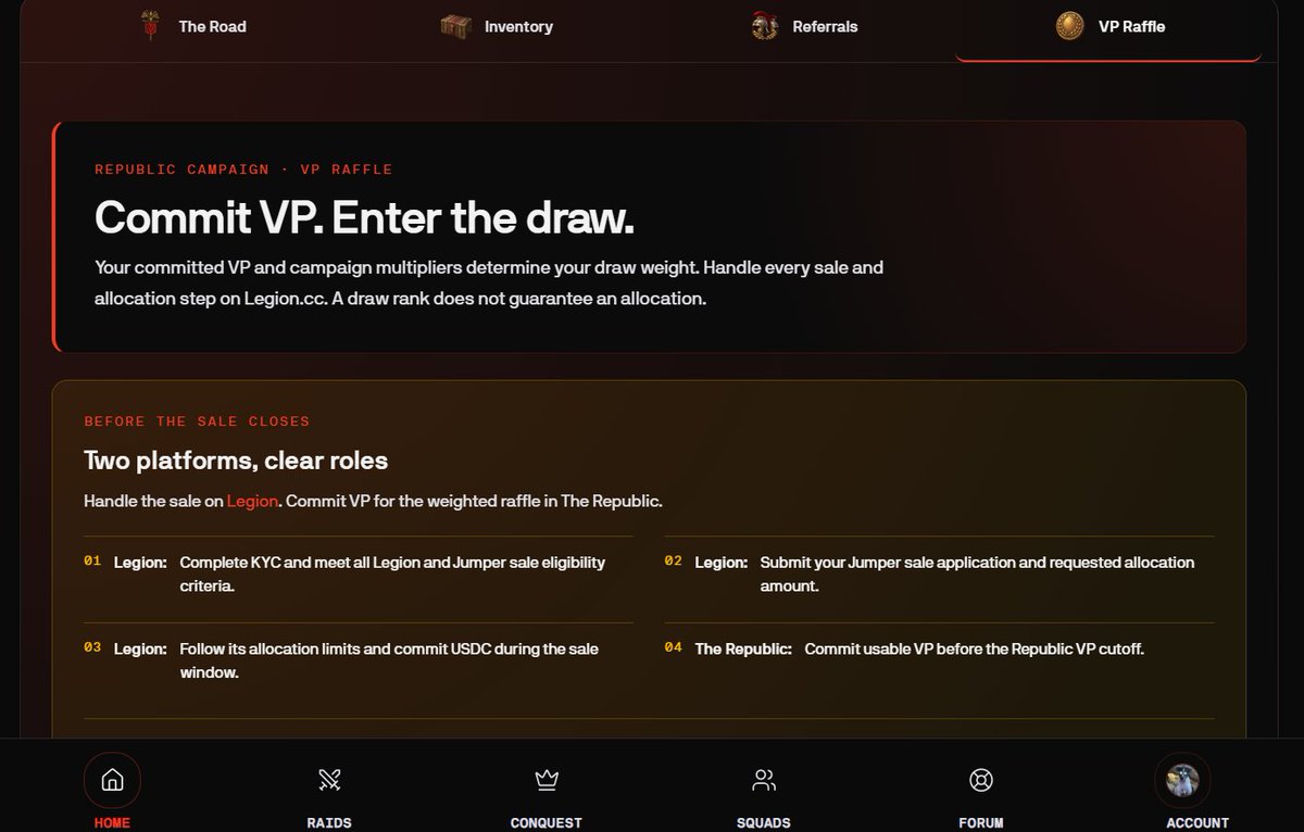 ardanaabbcc's tweet photo. When participating in a sale on The Republic, it's essential to understand the distinct roles and responsibilities of both platforms. All sale-related actions happen on Legion, while committing your VP for the weighted raffle takes place right here in The Republic. 🧵👇 https://t.co/lFAcmT4WSx