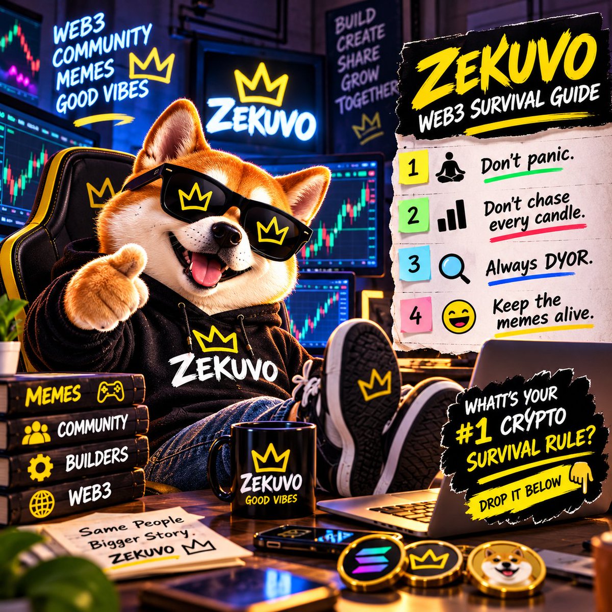 Zekuvo's tweet photo. 🧠🐶 ZEKUVO Web3 survival guide:
Don’t panic.
Don’t chase every candle.
Always DYOR.
Keep the memes alive. 😂
What’s your #1 crypto survival rule?
Drop it below 👇
#ZEKUVO #Web3 #CryptoMemes #Solana https://t.co/wFcmncmzUZ