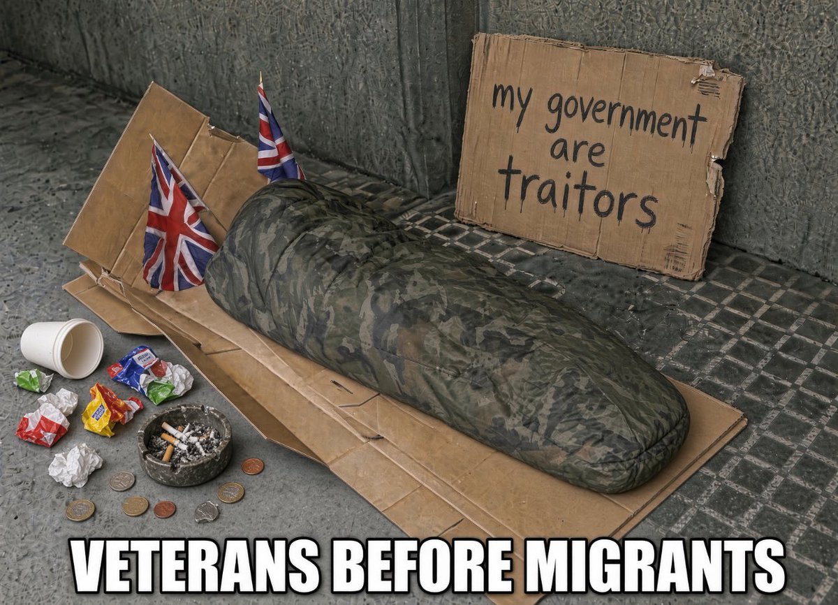 TheBritLad's tweet photo. Over 2,200 veterans are homeless in Britain. 

One is one too many.

Cross the Channel illegally in a dinghy and you can be given a bed and a meal the same day. 

The people who served this country are still waiting.

VETERANS BEFORE MIGRANTS. https://t.co/0raeaKtr7I